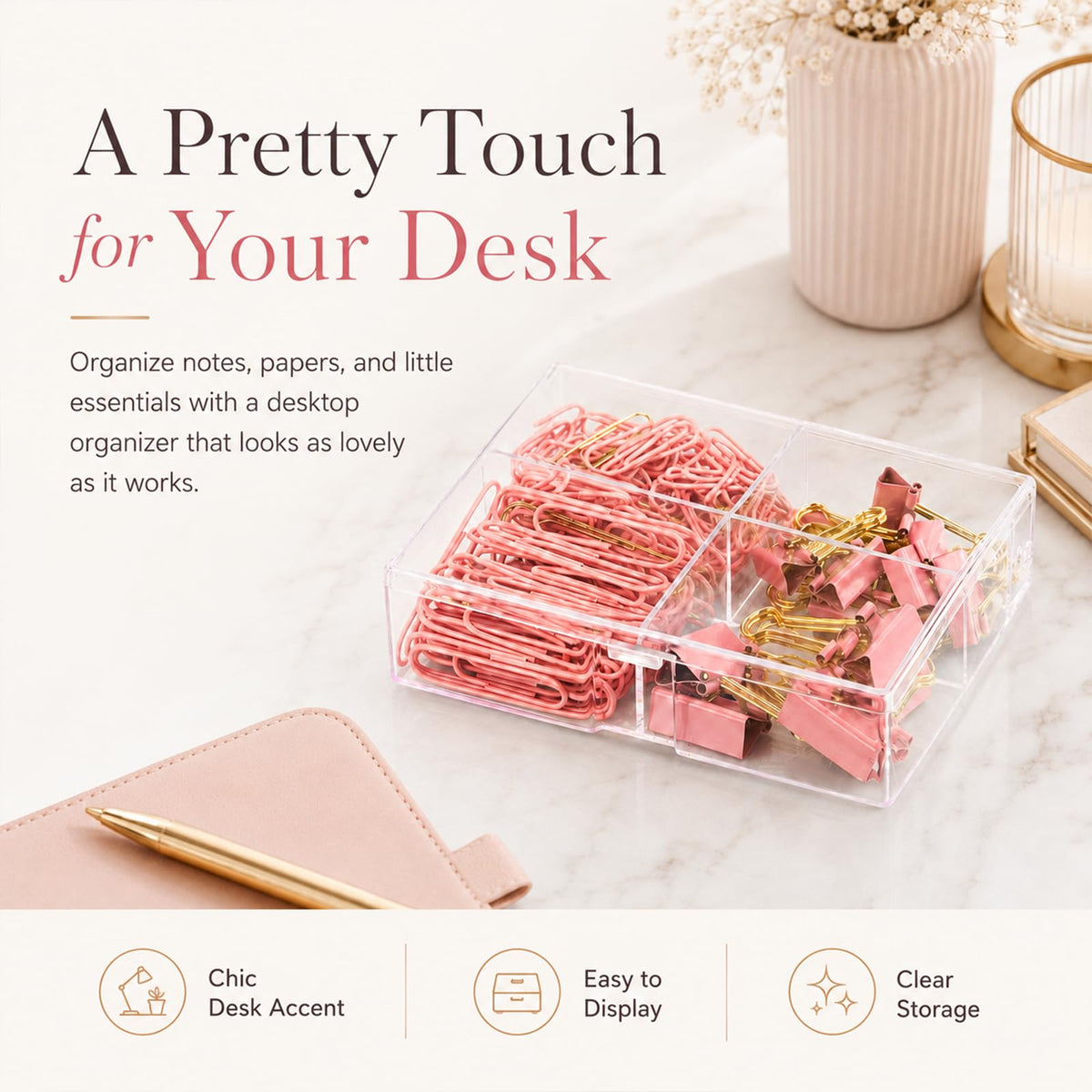 Creechwa Paper Clips and Binder Clips Set, Pink & Gold, Assorted Size Clips