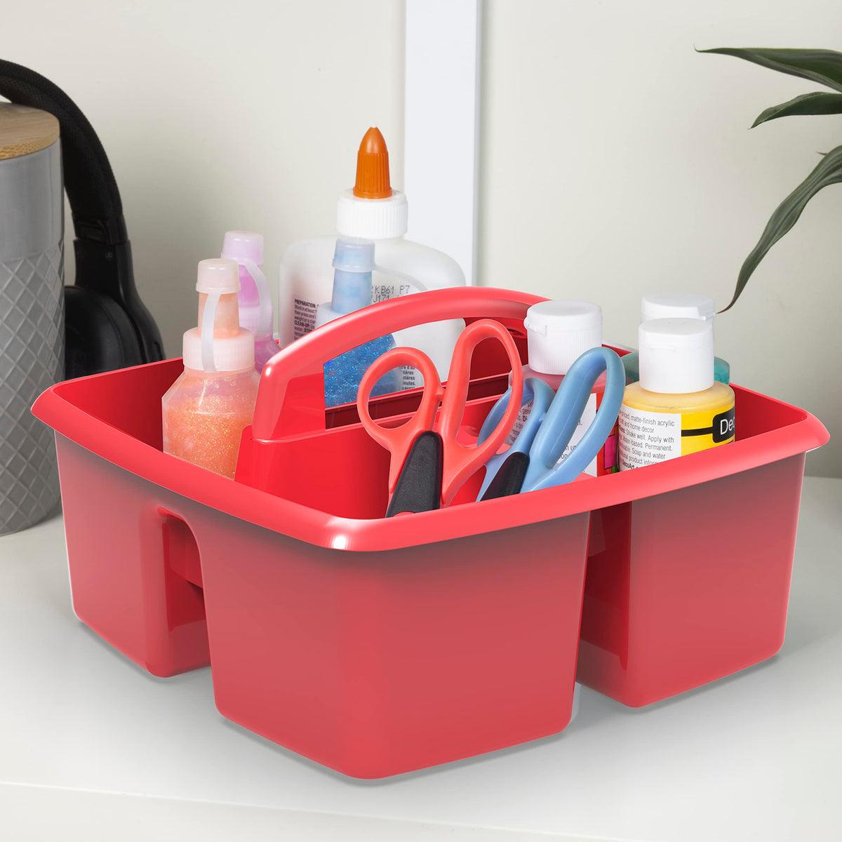Storex 3-Compartment Small Caddy – Multipurpose Classroom Organizer with Handle, Red, 5-Pack