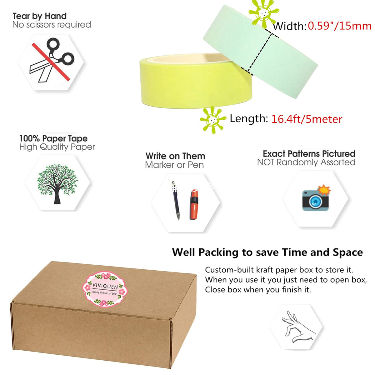 VIVIQUEN Washi Tape Set, 20 Rolls Colored Masking Tape, 15mm Rainbow Pastel Writable Colorful Washi
