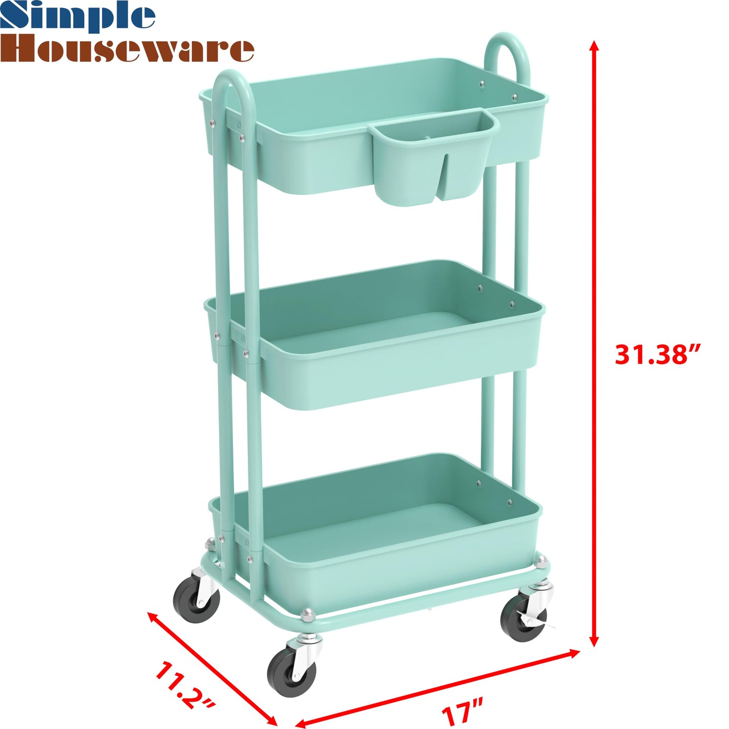 Simple Houseware 3-Tier Rolling Utility Cart with Hanging Bucket, Turquoise