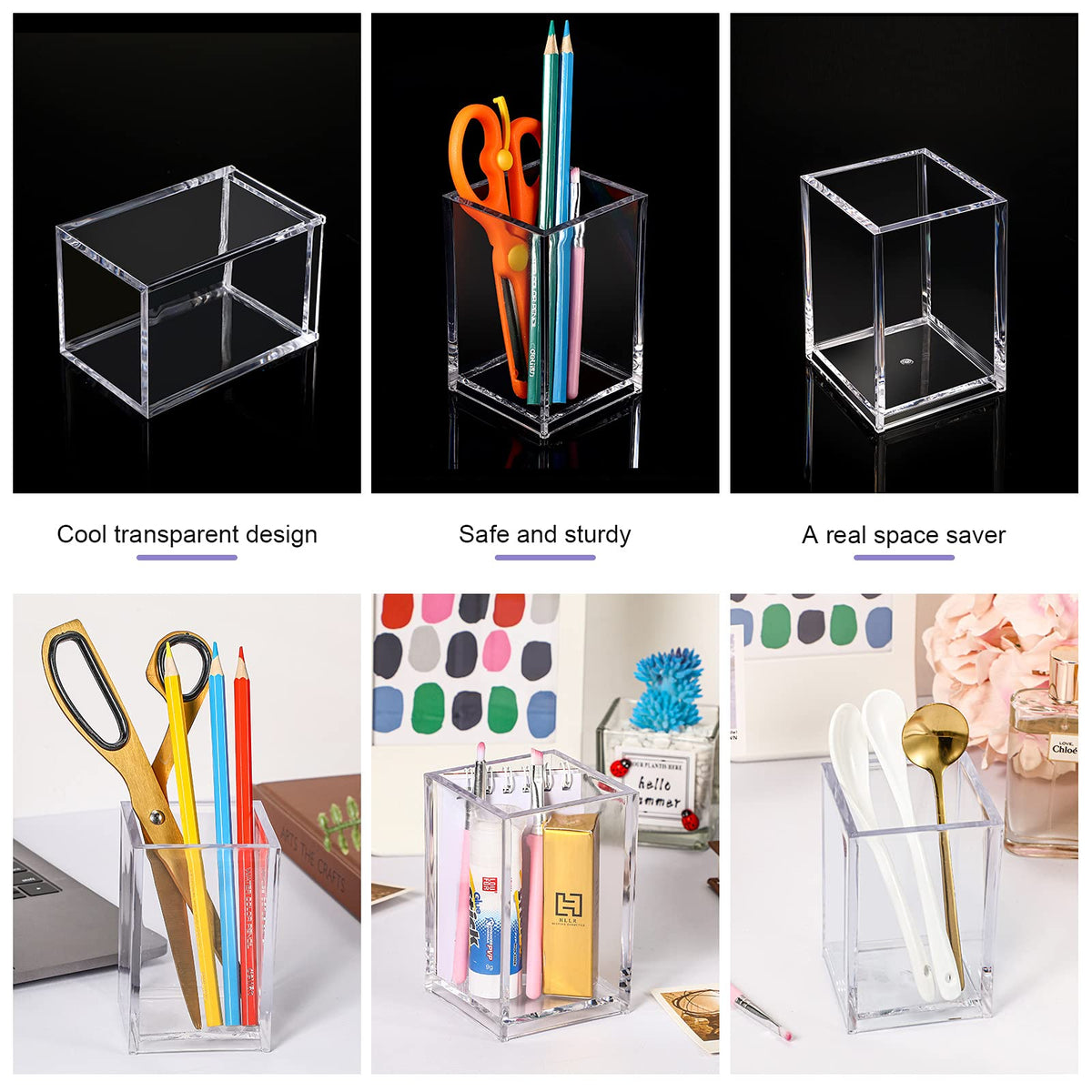 6 Pieces Clear Acrylic Pen Holder Cup Makeup Brush Holder Back to School Stationery Organizer