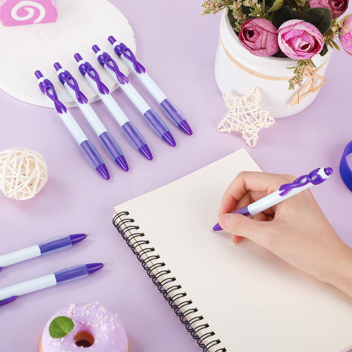 Yexiya 100 Pcs Domestic Violence Awareness Pen Purple Ribbon Bulk Black Ink
