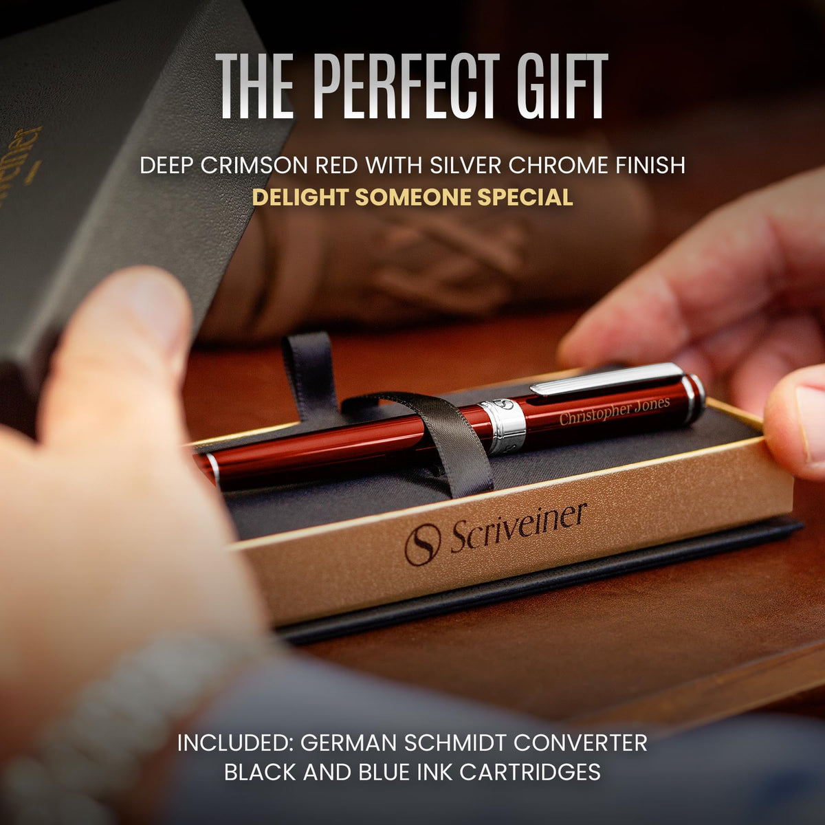 Scriveiner Personalized Deep Crimson Red Pen - Stunning Red Lacquer Luxury Pen with Chrome