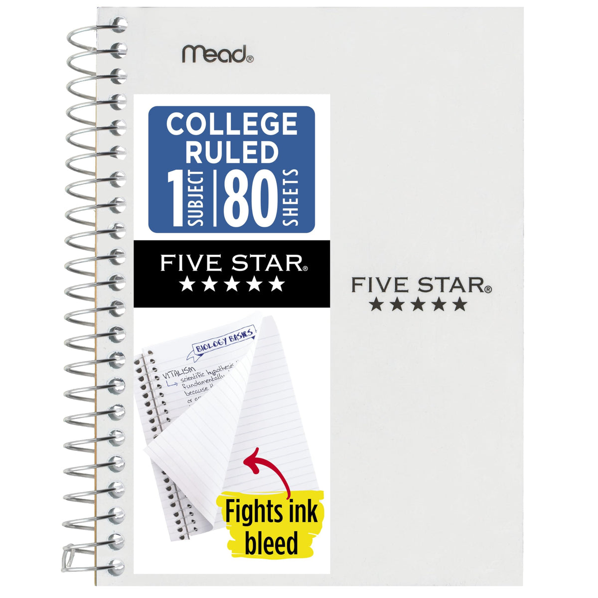 Five Star Spiral Notebook, 1 Subject, College Ruled Paper, 4-3/8" x 7", Small Size, 80 Sheets
