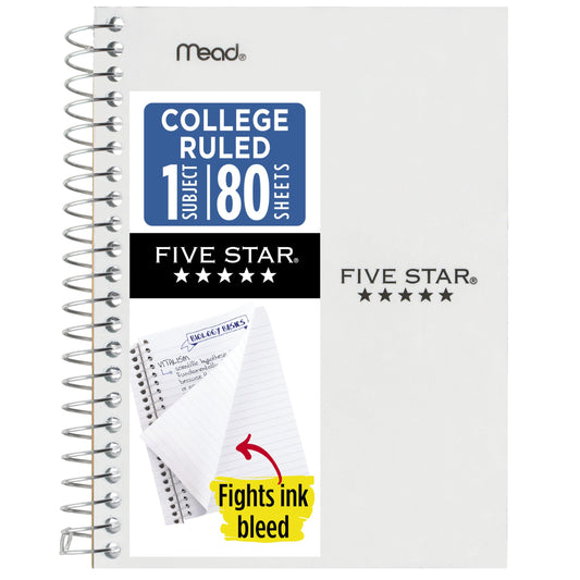 Five Star Spiral Notebook, 1 Subject, College Ruled Paper, 4-3/8" x 7", Small Size, 80 Sheets