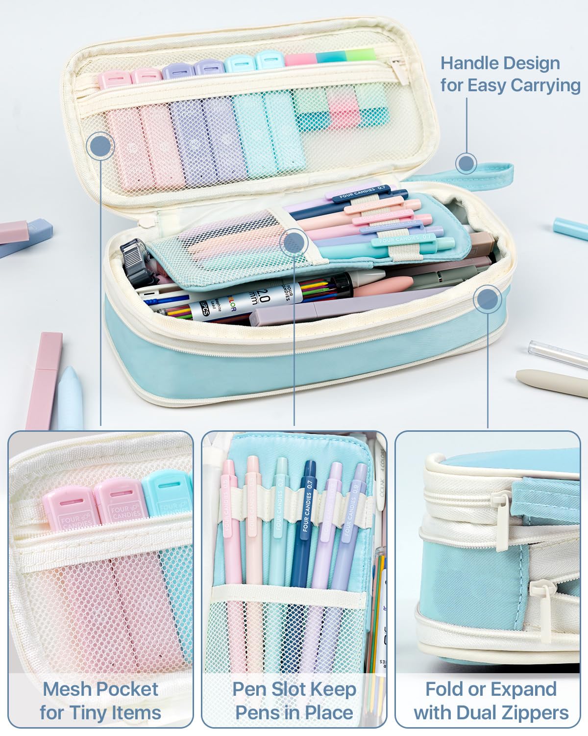Four Candies 56PCS School Supplies with Pencil Case, Stationery Set, Blue