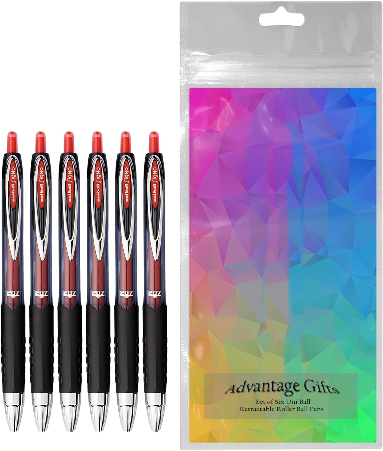Advantage Gifts Signo 207 Roller Ball Retractable Gel Pens, Medium Point (0.7mm), Red Ink, 6 Count,