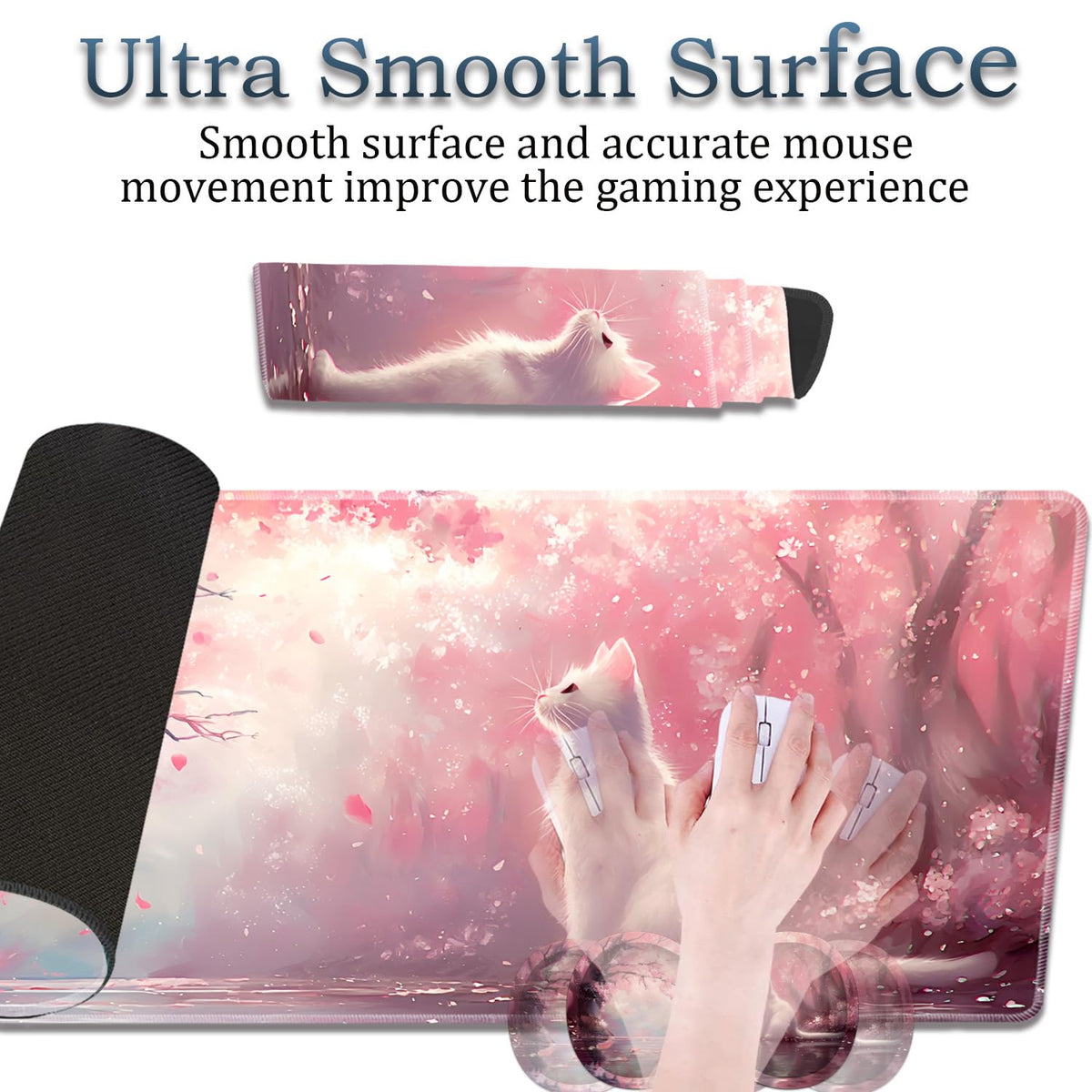 3-Piece Cherry Blossom Cat Mouse Pad Set, Including Wrist Support Pad and Cup Holder, with
