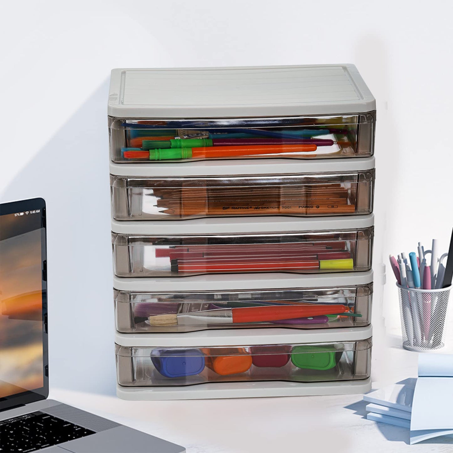 DEAYOU 5 Drawer Desktop Storage Bin Unit, Small Plastic Organizer, White Frame with Clear Drawer