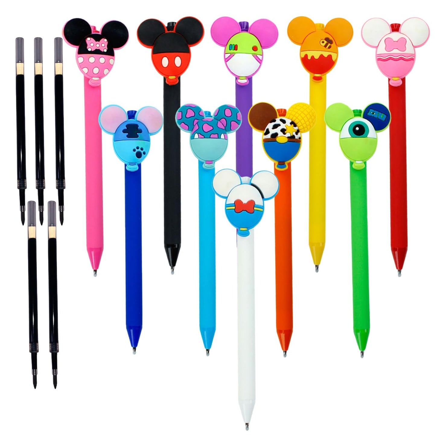 APQA 10pcs Mouse Head Character Ears Pens Set, Retr ctable Ballpoint Pen, Multi Color Jumbo