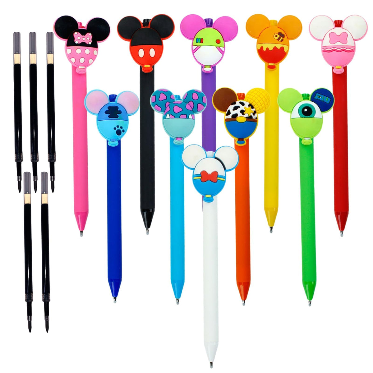 APQA 10pcs Mouse Head Character Ears Pens Set, Retr ctable Ballpoint Pen, Multi Color Jumbo