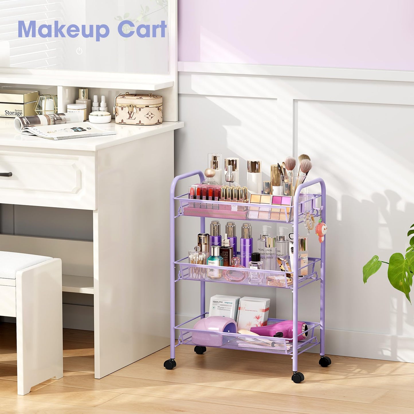 TOOLF 3 Tier Rolling Cart, Metal Utility Storage Cart with Wheels, Purple