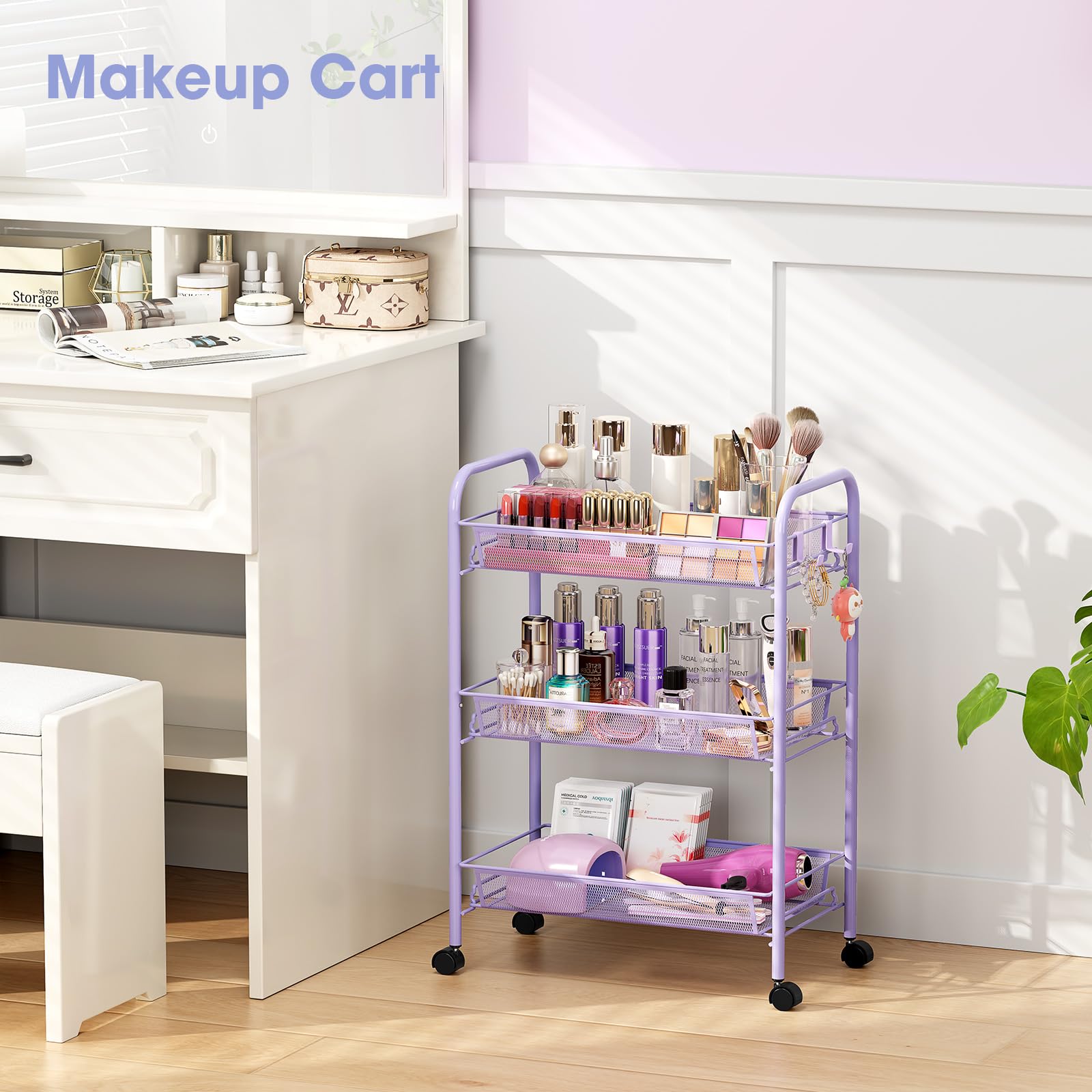 TOOLF 3 Tier Rolling Cart, Metal Utility Storage Cart with Wheels, Purple