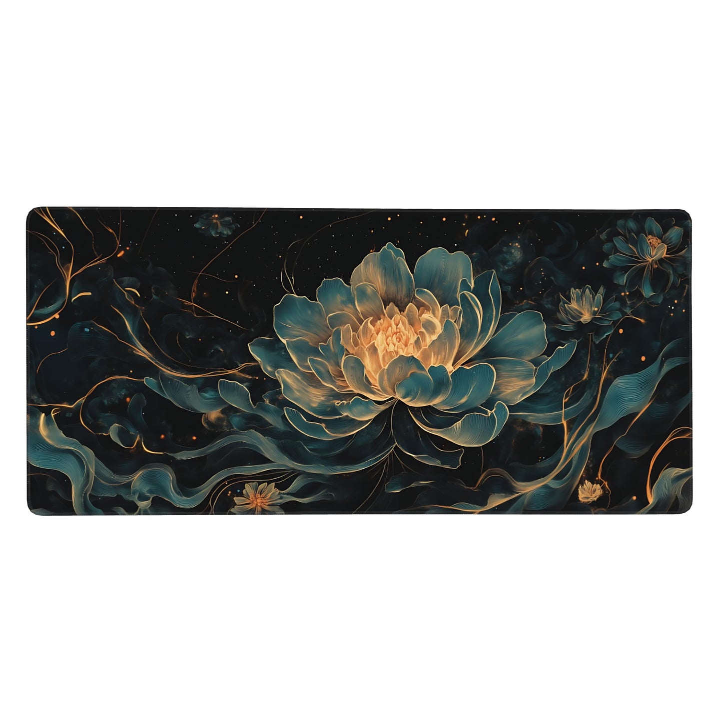 Floral Aesthetic Lotus Gaming Mouse Pad, Black Gold Chinoiserie Desk Mat with Anti-Slip Base &