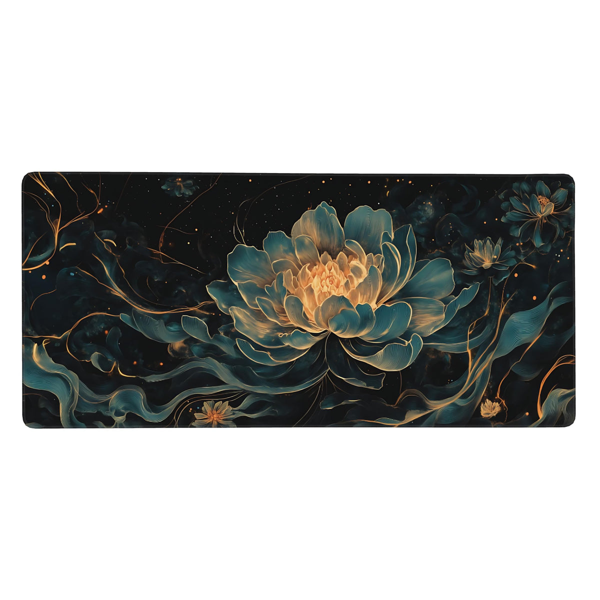 Floral Aesthetic Lotus Gaming Mouse Pad, Black Gold Chinoiserie Desk Mat with Anti-Slip Base &