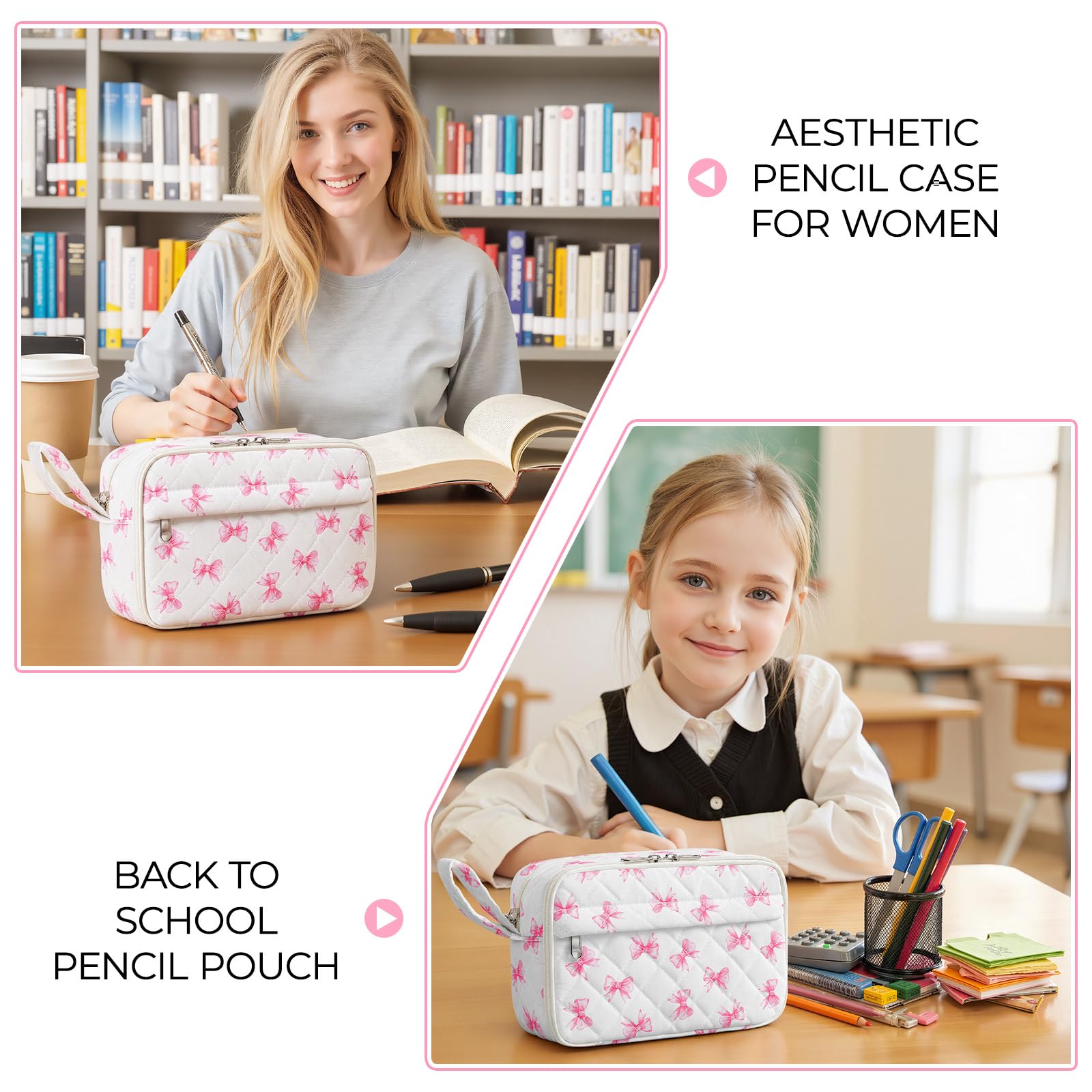 WOBAGMEN Quilted Pencil Pouch for Girls Women, Large Pencil Case Pouch with Compartments Cute