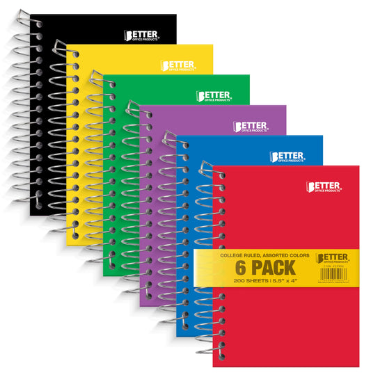 Better Office Products Fat Book Spiral Notebooks, 6 Pack, Small Notebooks with Poly Plastic Covers