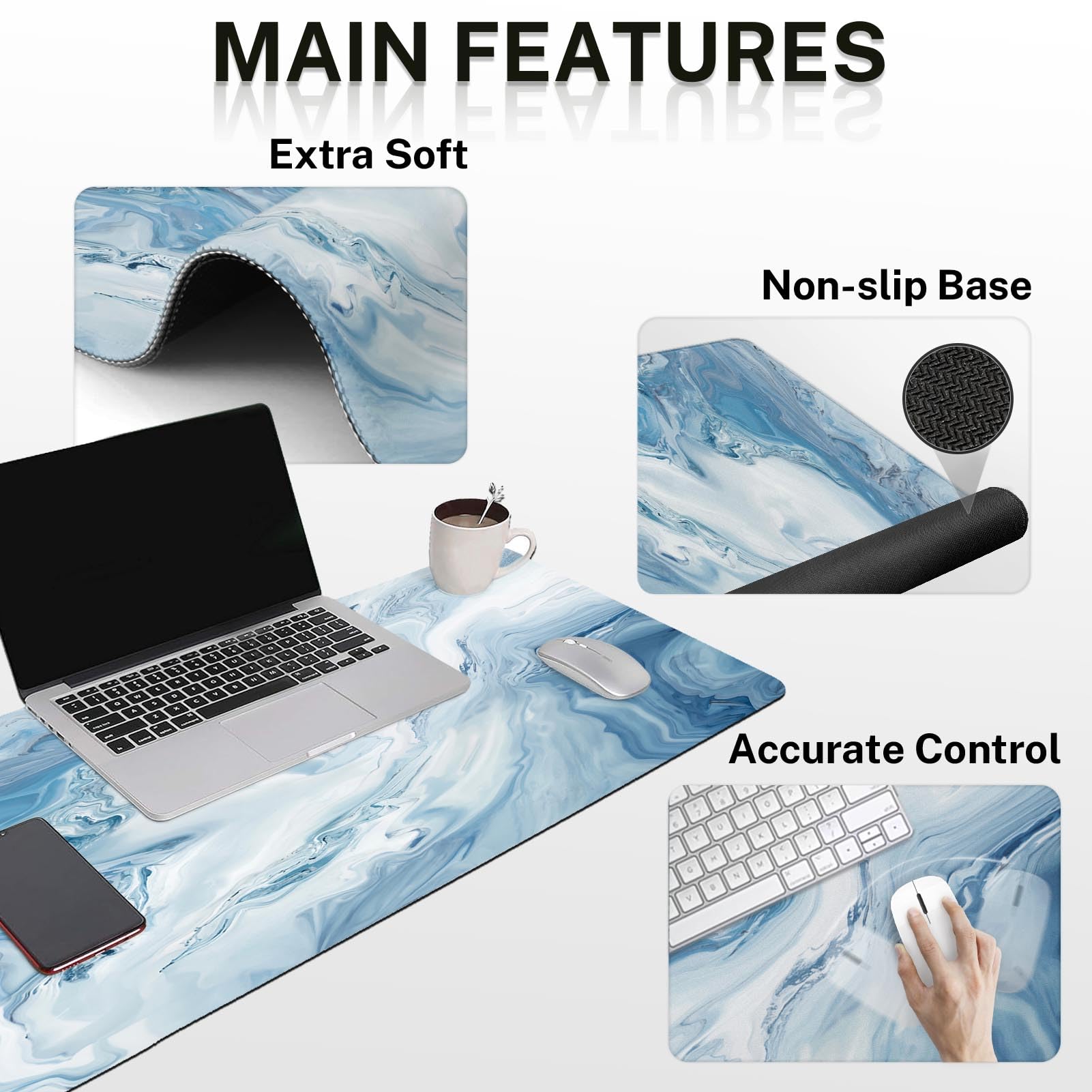 Arttown Keyboard Mouse Pad Set, 4 in 1 Desk Mat Set Marble Abstract