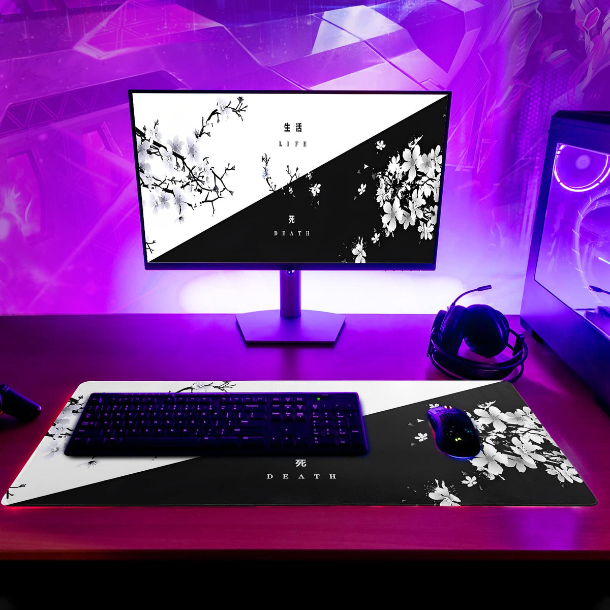 Black and White Japanese Cherry Blossom Gaming Mouse Pad Sakura Death Life Flower Mat 31.5x11.8