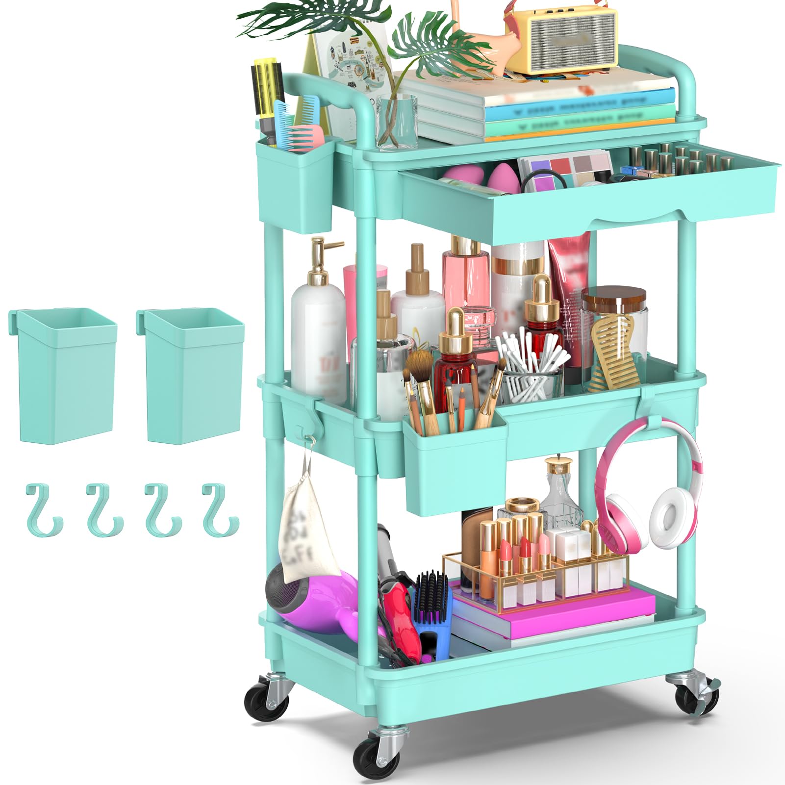 Goovilla 3 Tier Rolling Utility Cart Organizer with Removable Drawer, Blue