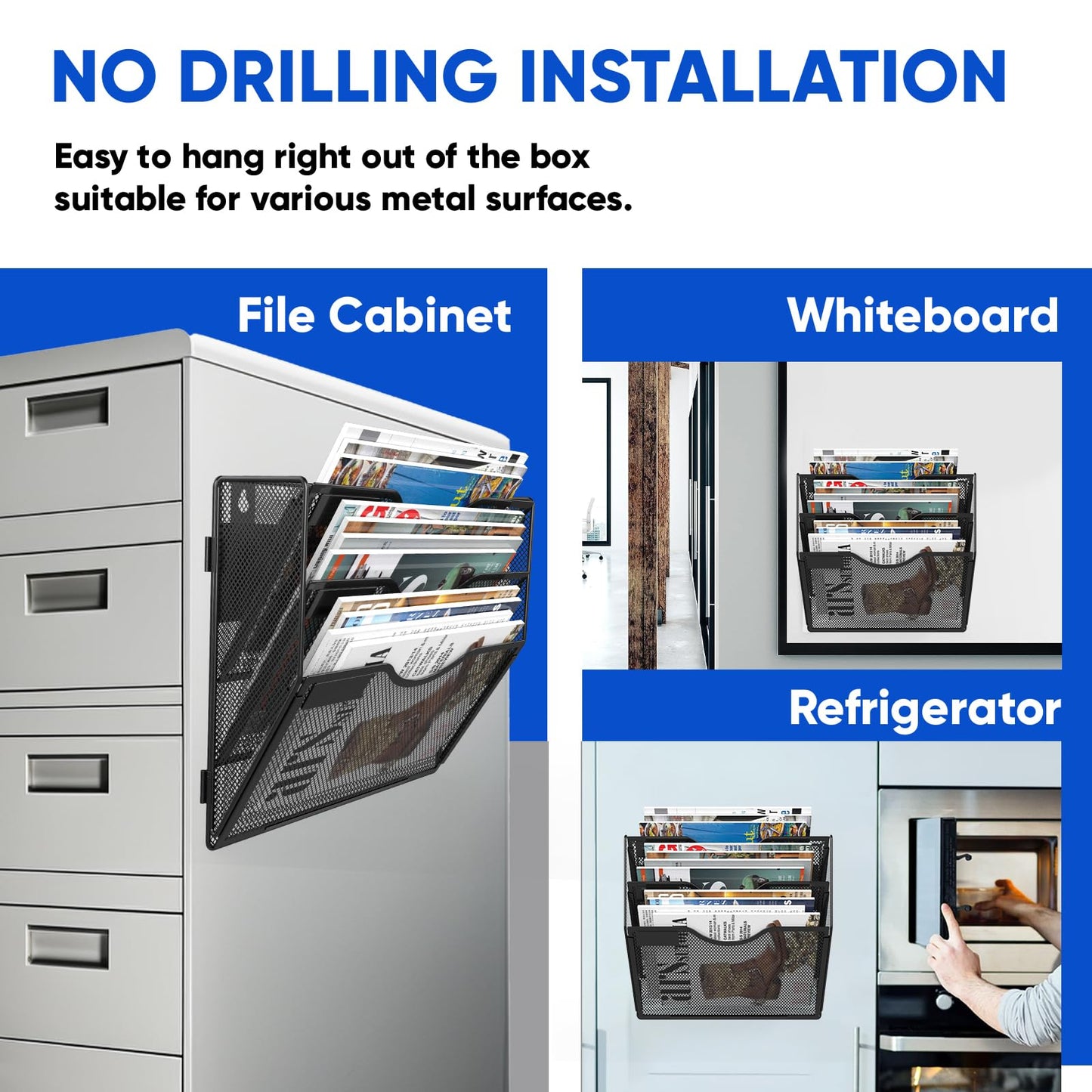 LQPAFZ 3 Tier Magnetic File Holder for File Cabinets, Refrigerator, Whiteboard, Office, No Drilling