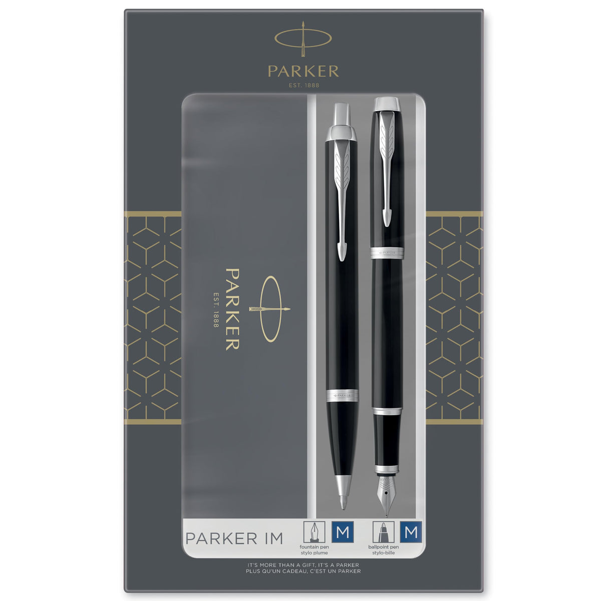 Parker IM Duo Gift Set with Ballpoint Pen & Fountain Pen | Gloss Black with Chrome Trim | Blue Ink