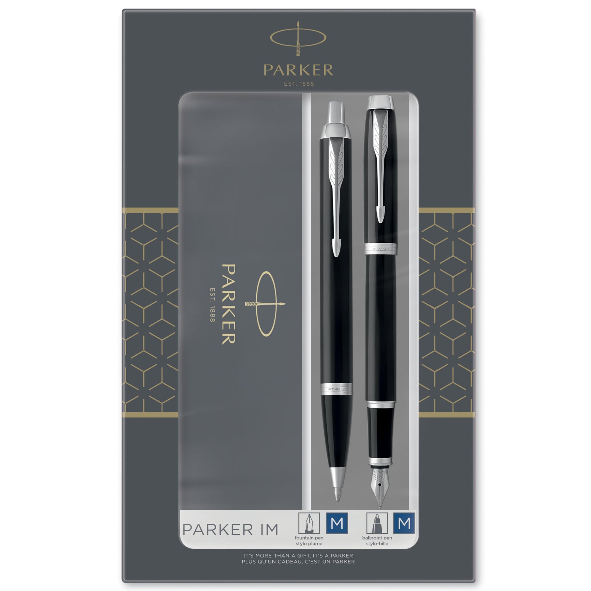 Parker IM Duo Gift Set with Ballpoint Pen & Fountain Pen | Gloss Black with Chrome Trim | Blue Ink