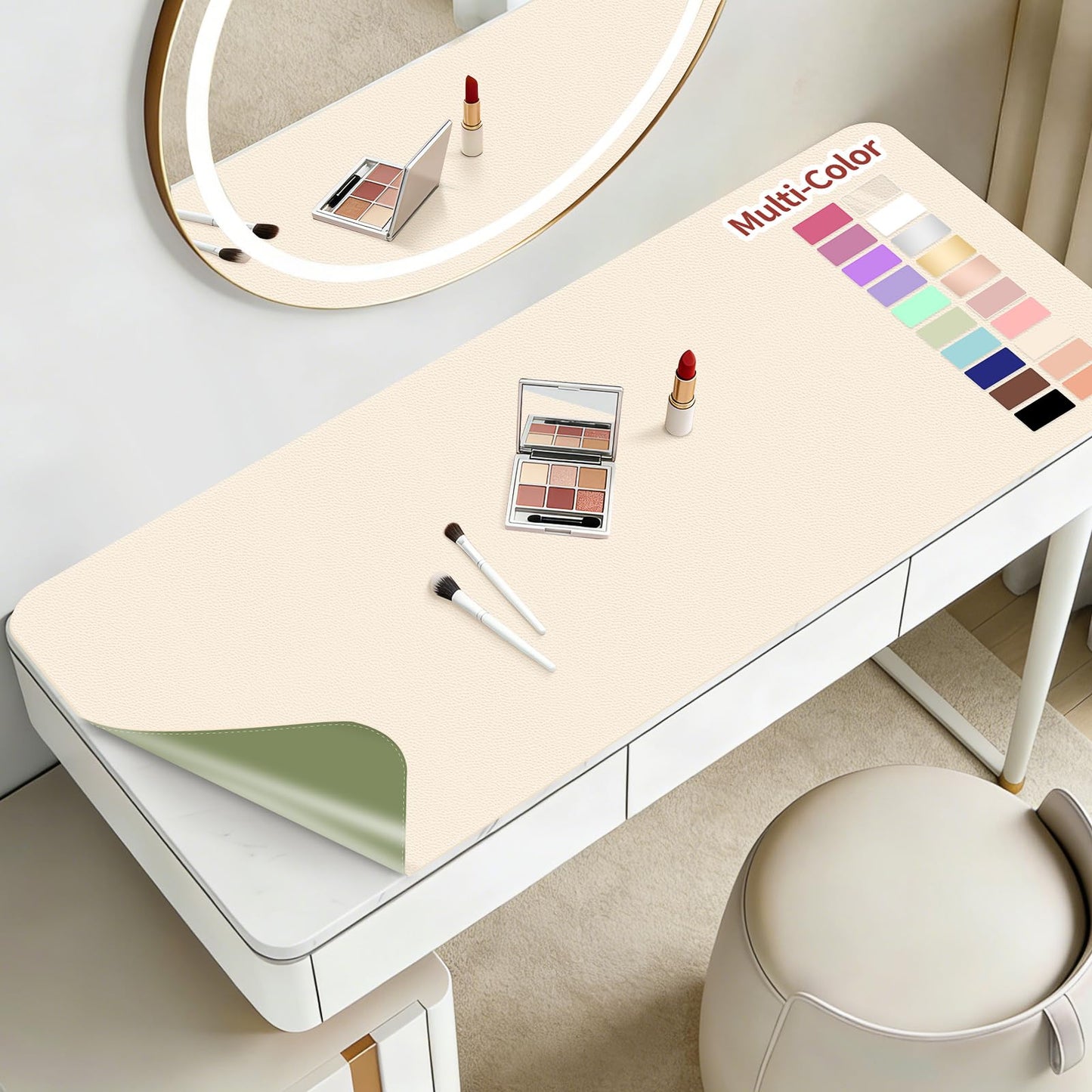 Makeup Mat for Vanity to Protect Desk Top, 31.5x15.7in, Beige&Olive Green