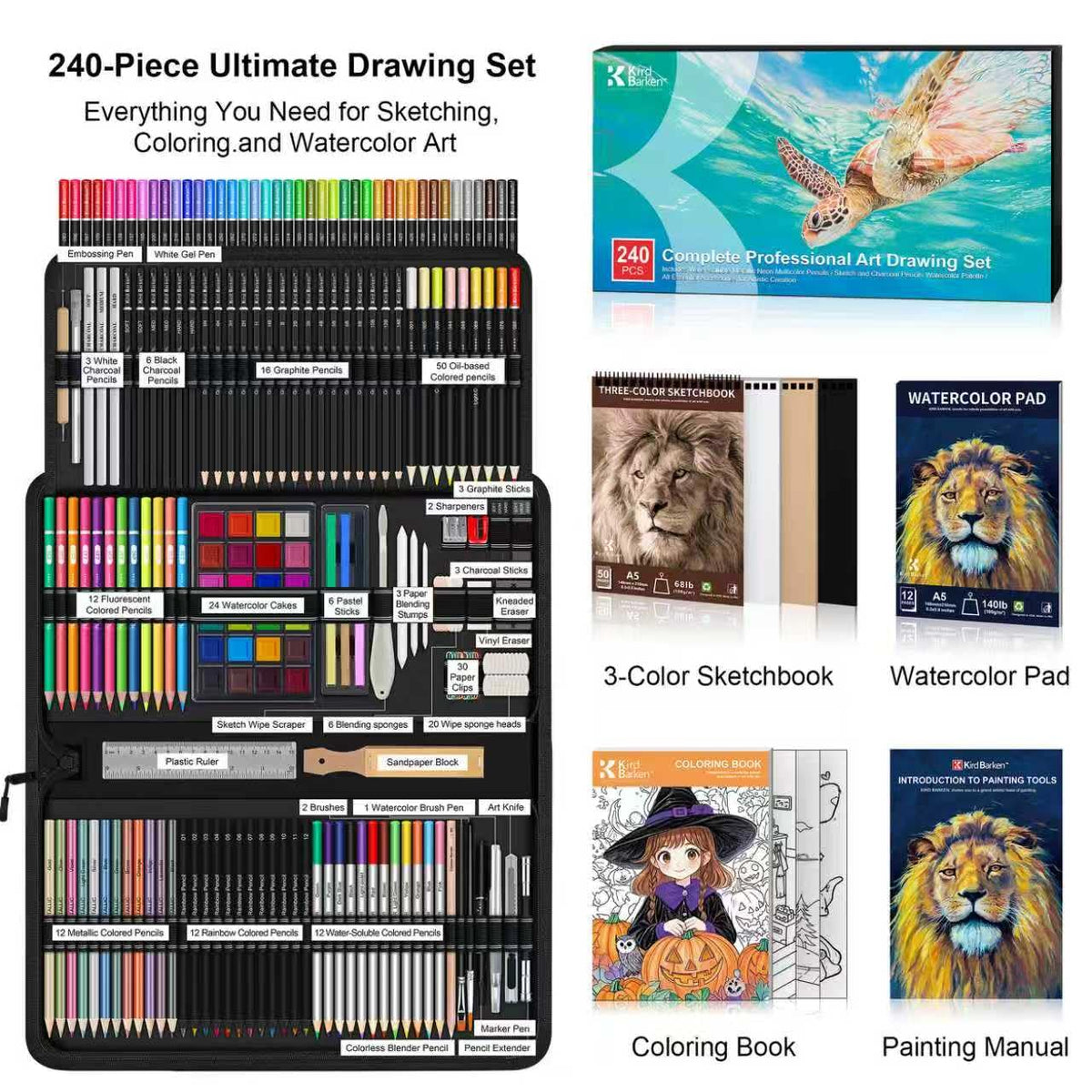 Kird Barken 240PCS Artists Art Supplies - Drawing Kit with 3 Sketchbook, Coloring book