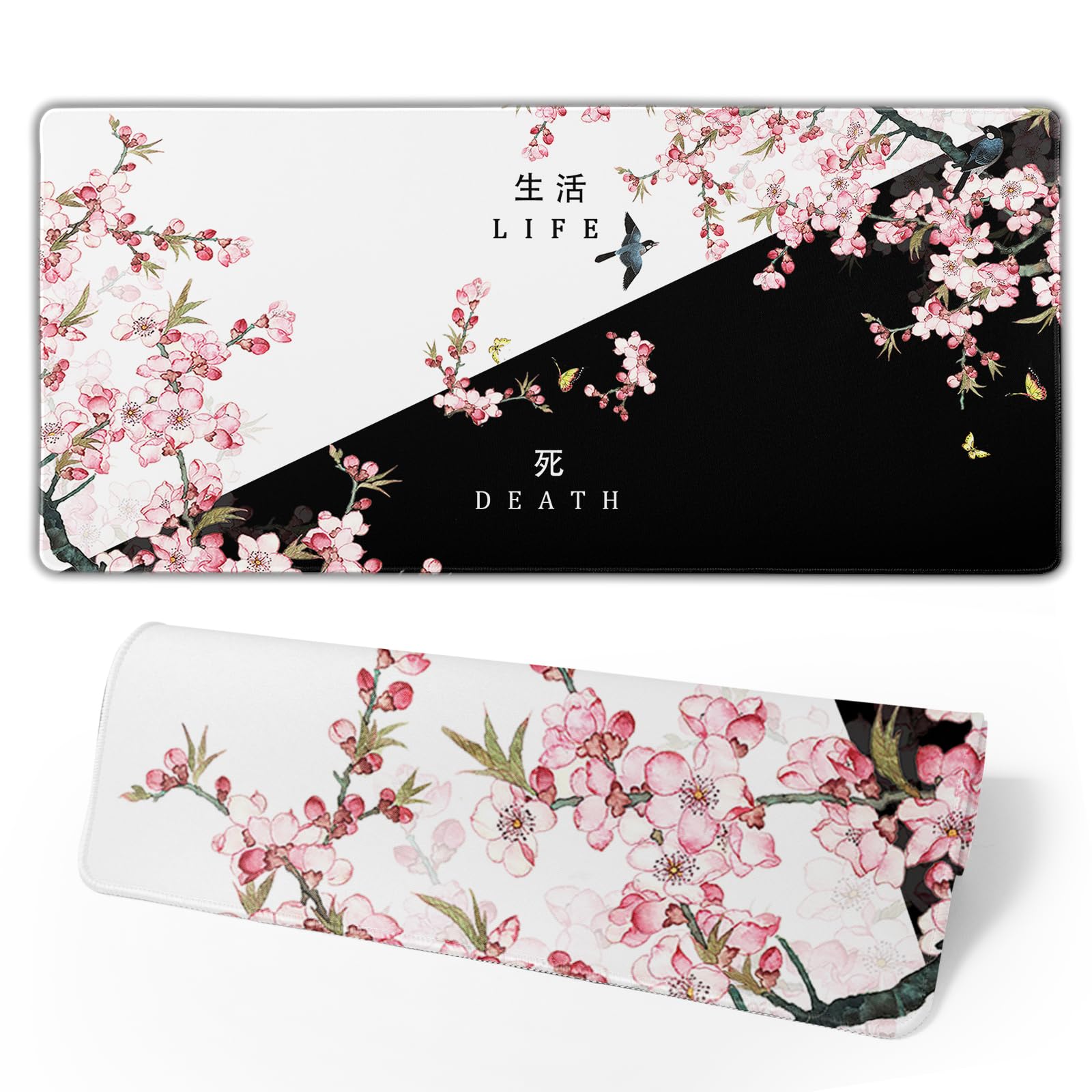 XXL Large Gaming Mouse Pad, Pink Sakura Death Life Extended Desk Pad Non-Slip Rubber Base
