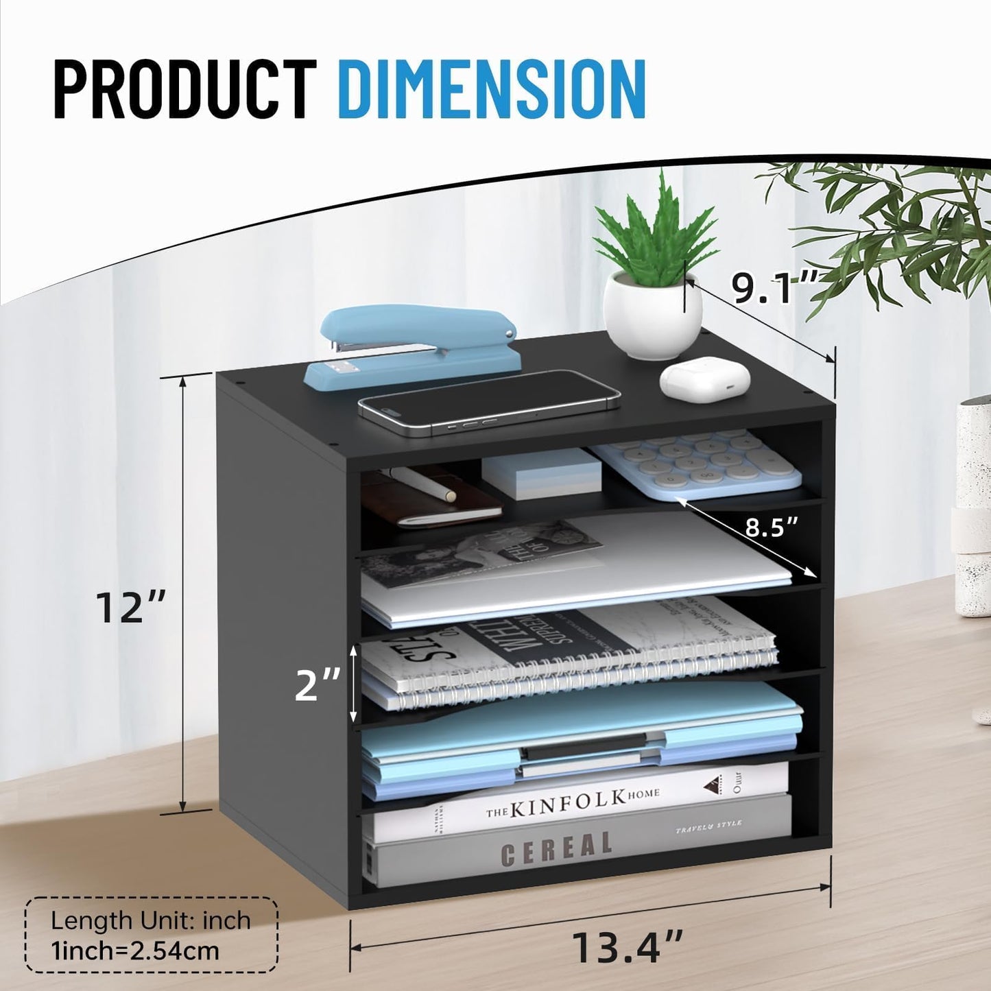 5-Tier Paper Organizer for Desk, Adjustable Mail Organizer, Black