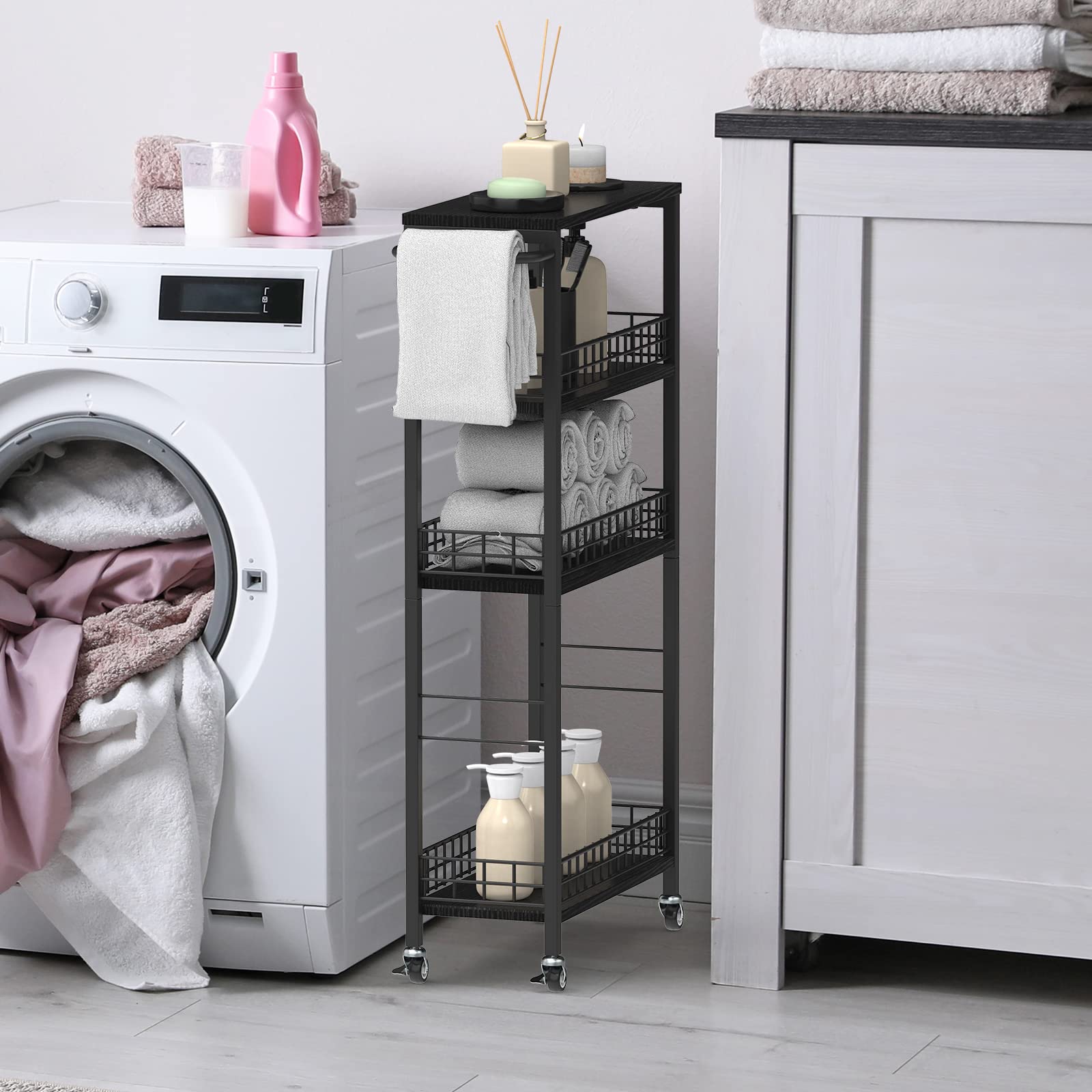 NOVIMANGO Slim Rolling Storage Cart, for Bathroom Small Spaces, Black