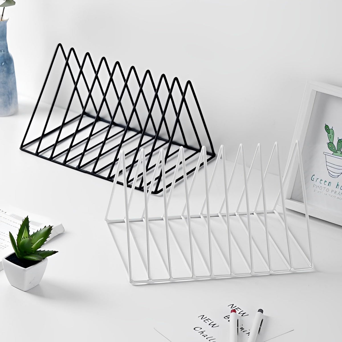 Sooyee 2 Pack 9 Slot White Magazine Holder, Desktop File Sorter Organizer Triangle Bookshelf Decor