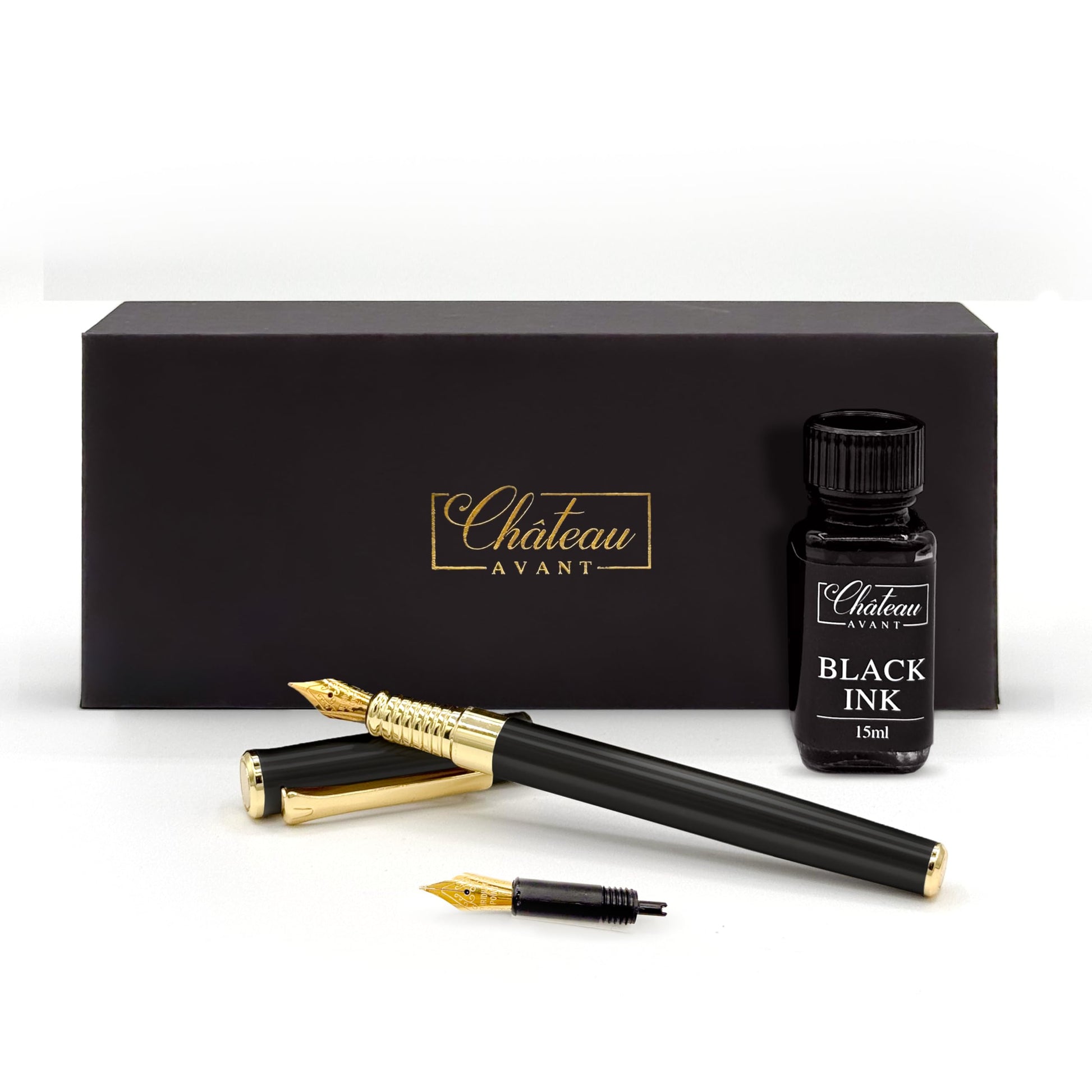 Chateau Avant Signature Calligraphy Fountain Pen Gift Set | Black | Fine and Calligraphy Nibs, 10