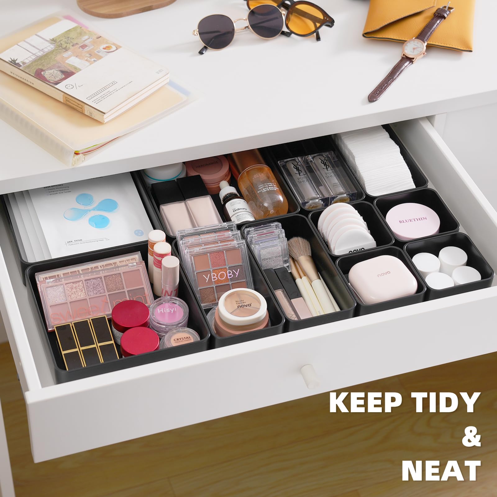 11-Piece Stackable Drawer Organizer Set, Multi-size Desk Drawer Organizer Trays Vanity Storage Bins