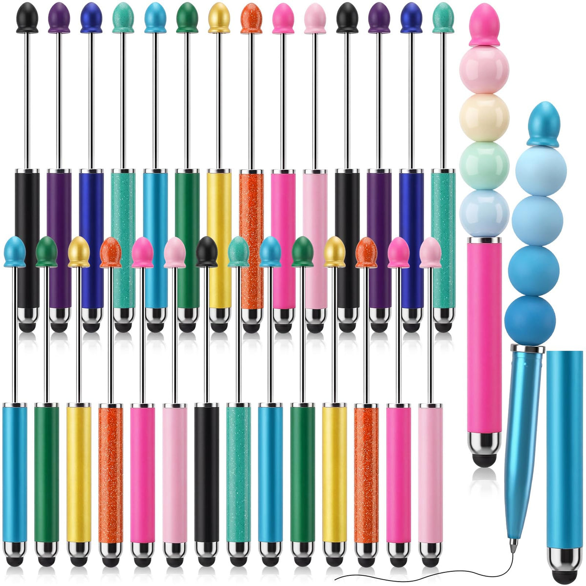 Qilery 30 Pcs Beaded Pens with Stylus Tips Plastic Beaded DIY Stylus 2-in-1 for Rubber Touch Screen