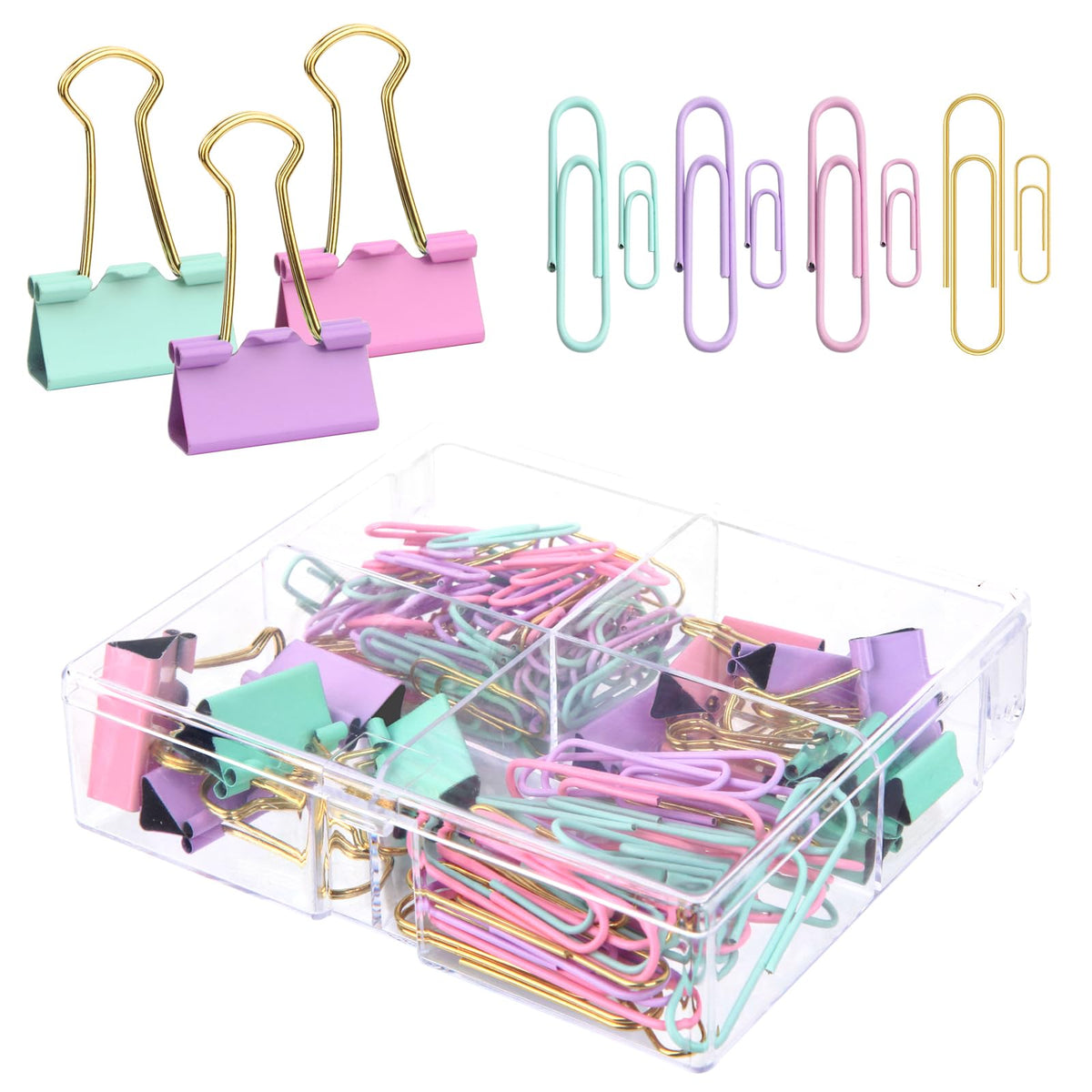 Creechwa Paper Clips and Binder Clips Set, Pastel Color, Assorted Size Clip