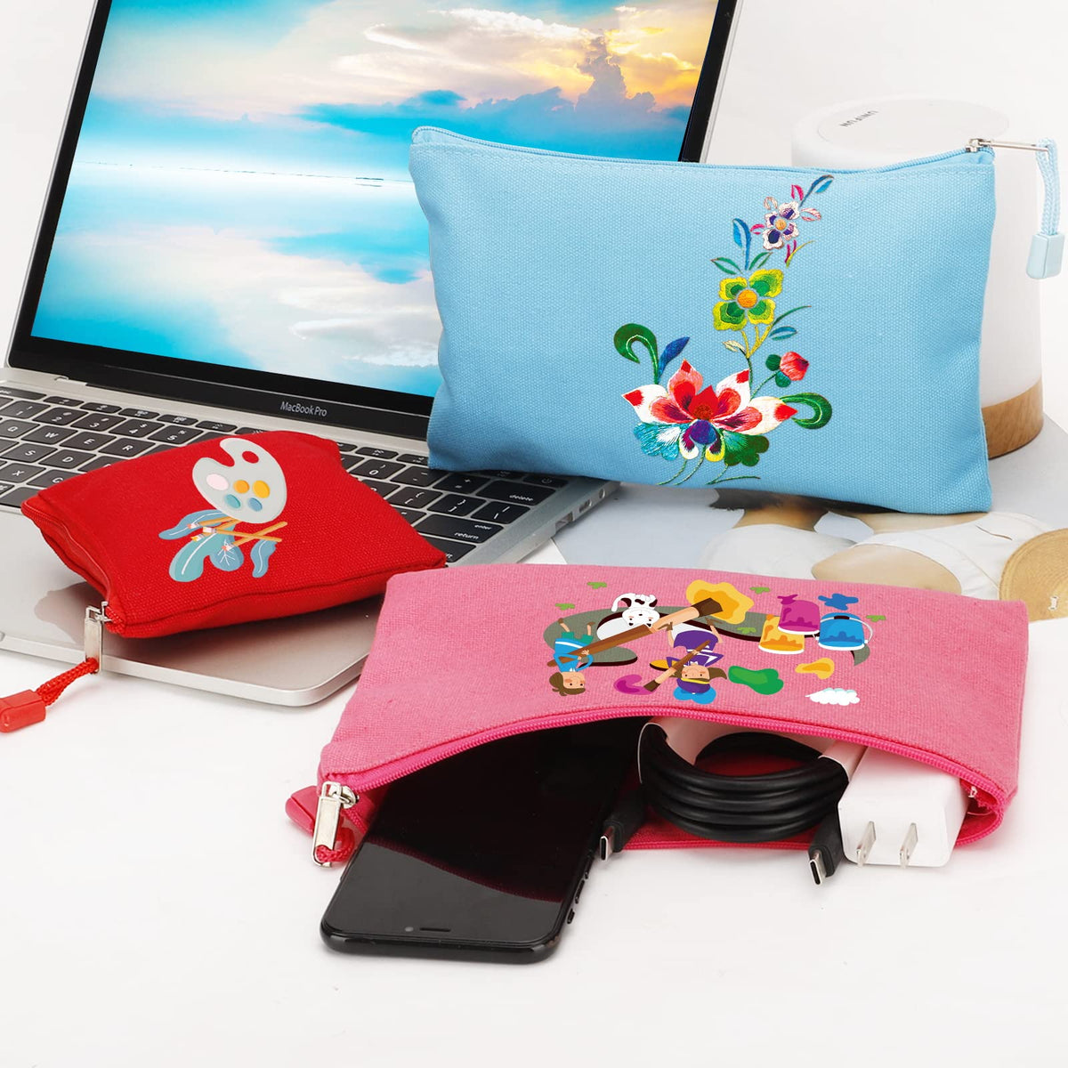 Fassave 12 Pack DIY Craft Cotton Canvas Bag, Multi-Purpose Cosmetic Bag Makeup Pouches with Zipper