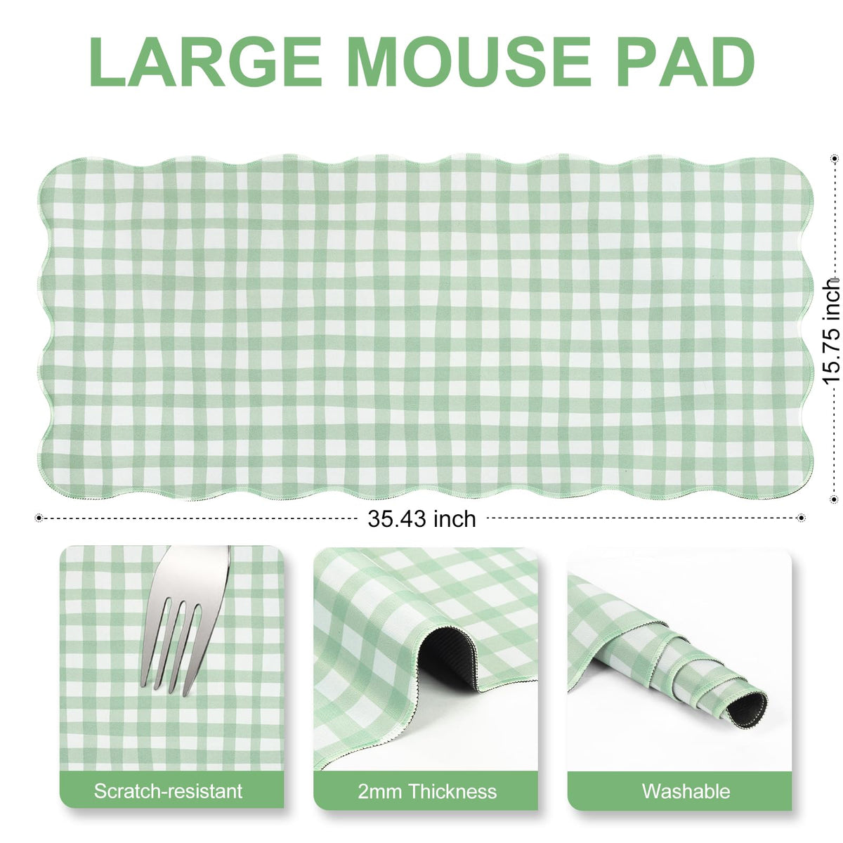 L-SPOUTTO Green Checkered Mouse Pad,Cottagecore Scalloped Desk Mat XXL Large Cute Pastel Gaming