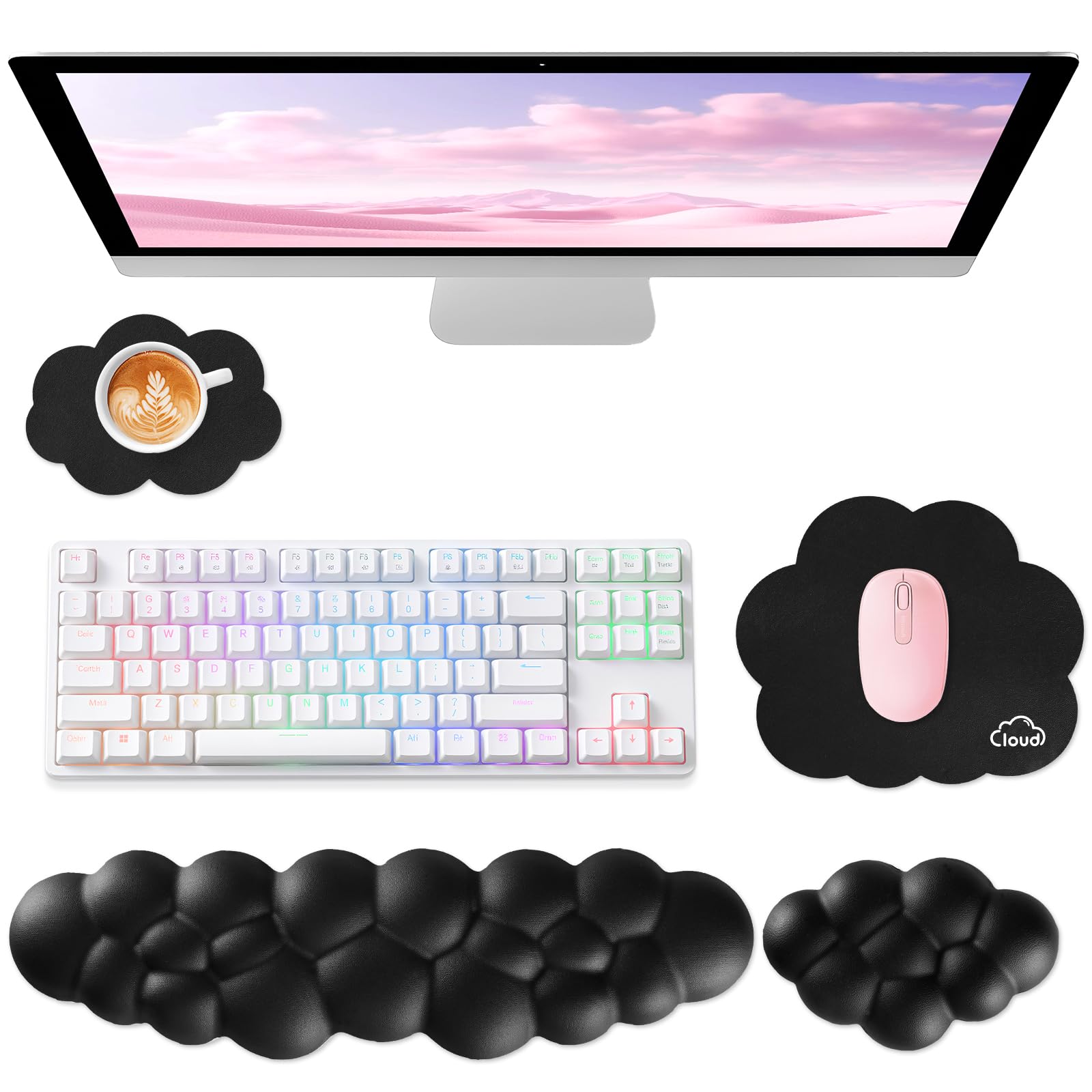 Sushret Cloud Wrist Rest for Computer Keyboard and Mouse Pad Set, Black