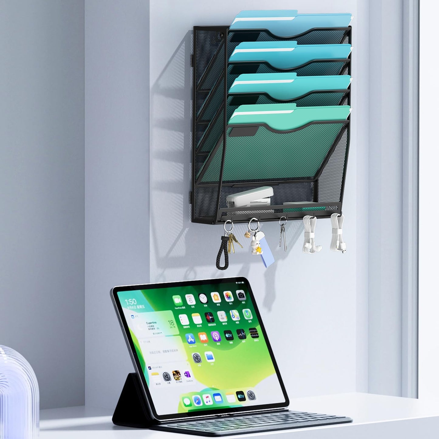 Gawerk 5-Tier Wall File Organizer Hanging Wall File Holder Wall Mount Paper Folder Organize, Mesh