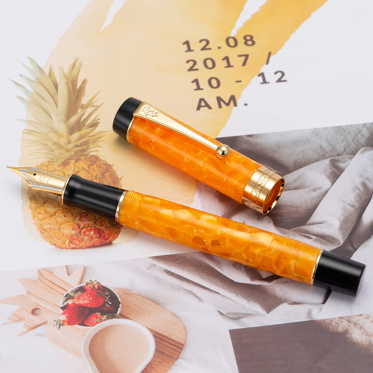 Jinhao 100 Classic Fountain Pen Orange Marble Celluloid, Extra Fine Nib with Converter and Pen Case