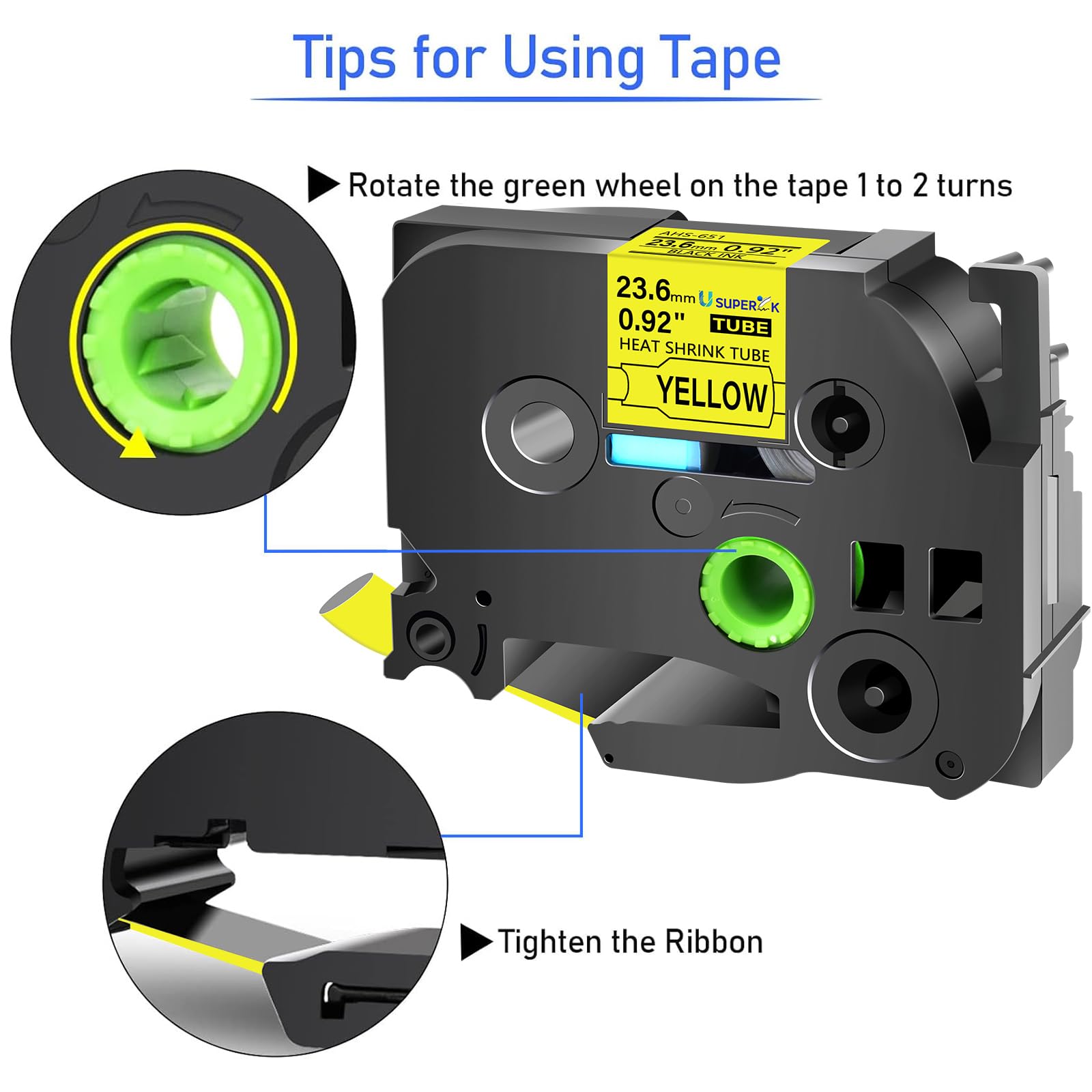 USUPERINK 2PK Compatible for Brother P-Touch HSe-651 HSe651 HS-651 HS651 Black on Yellow 23.6mm