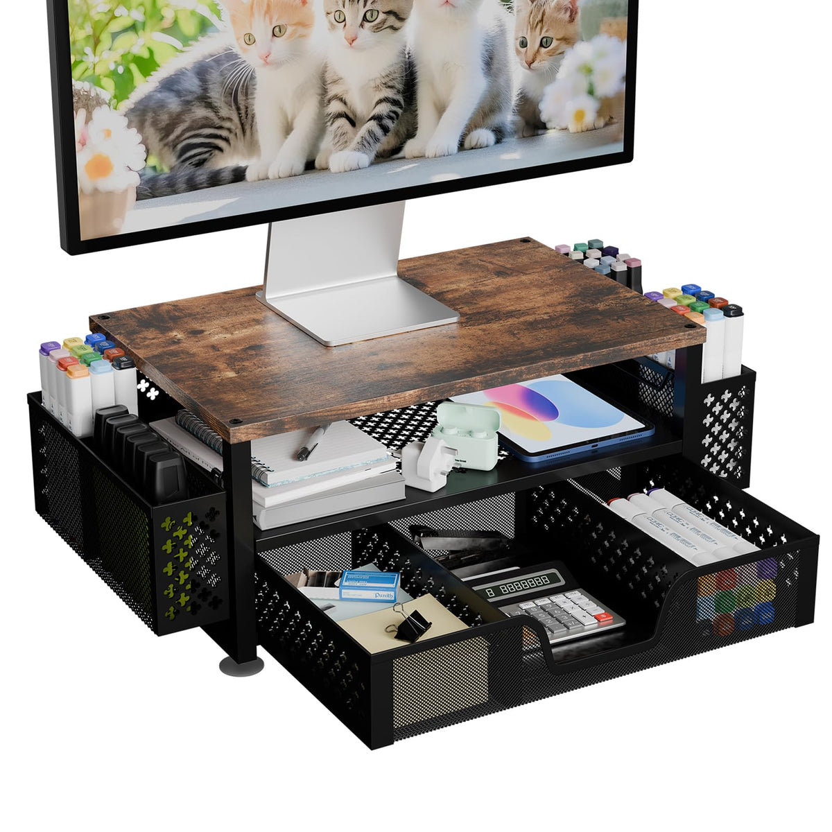 Simple Trending Monitor Stand with Drawer, 2-Tier Laptop Stand, Wood