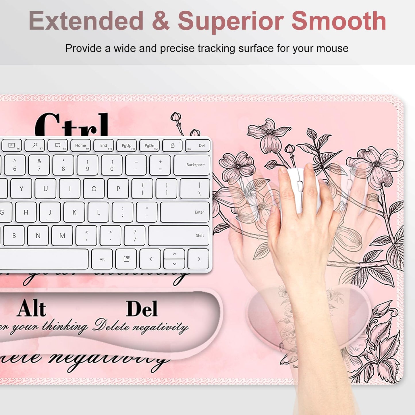 NXZGO Large Gaming Mouse Pad Pink Floral, Ergonomics Keyboard Desk Mat with Wrist Rest, Cute