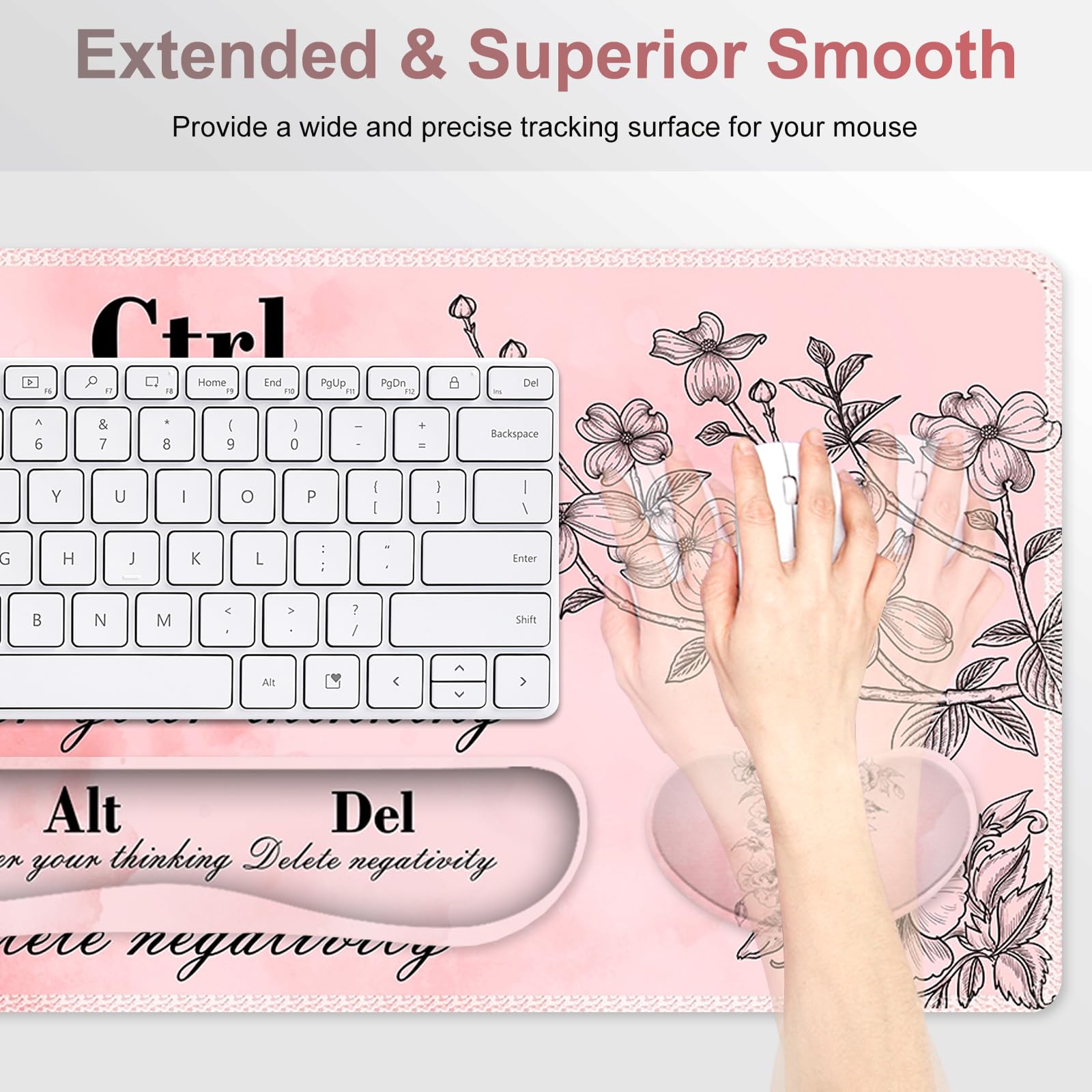 NXZGO Large Gaming Mouse Pad Pink Floral, Ergonomics Keyboard Desk Mat with Wrist Rest, Cute