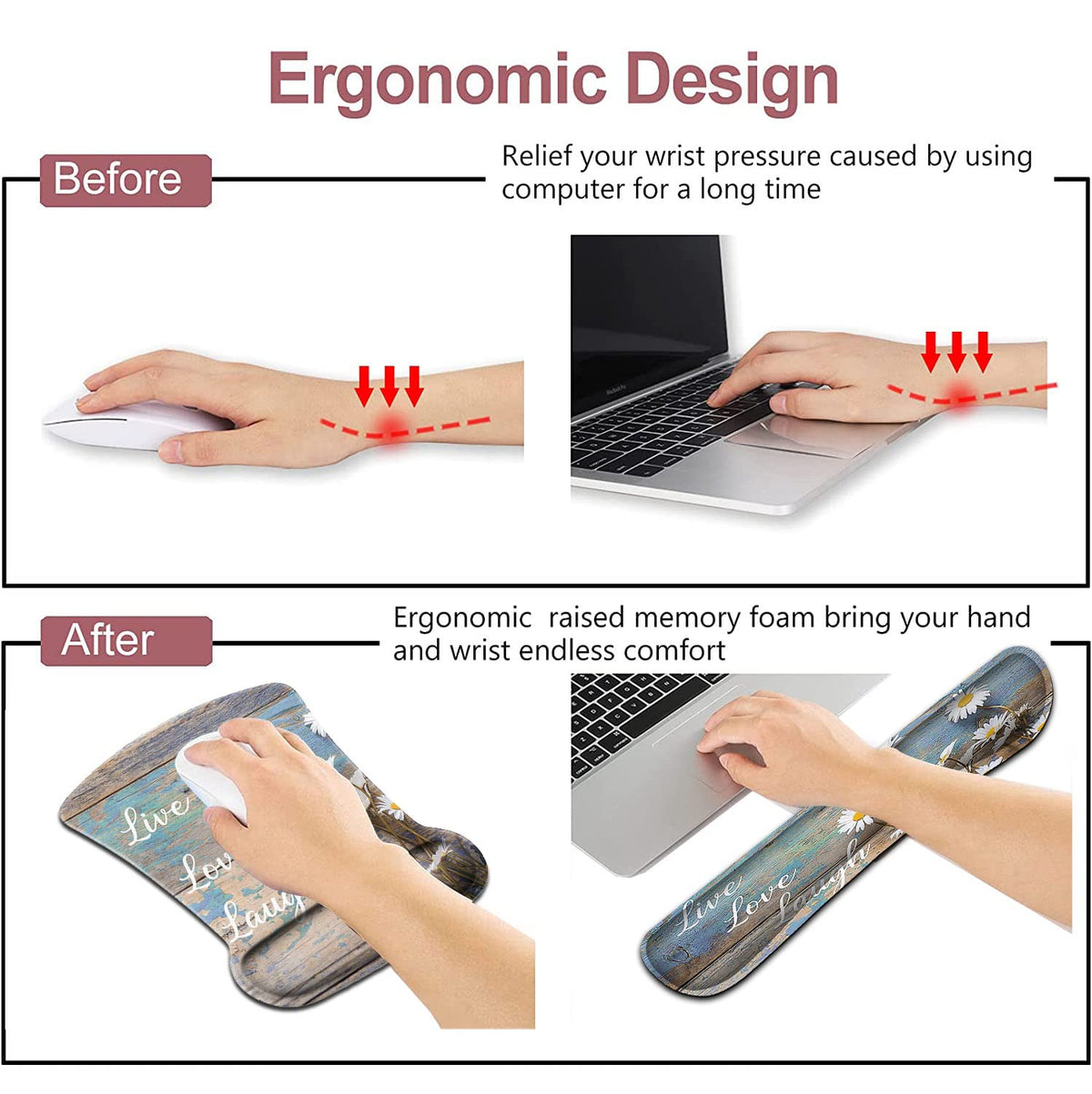 Mouse Pad for Women, Keyboard Wrist Rest Relieves Fatigue，White Daisy Flowers on Wooden ，Ergonomic