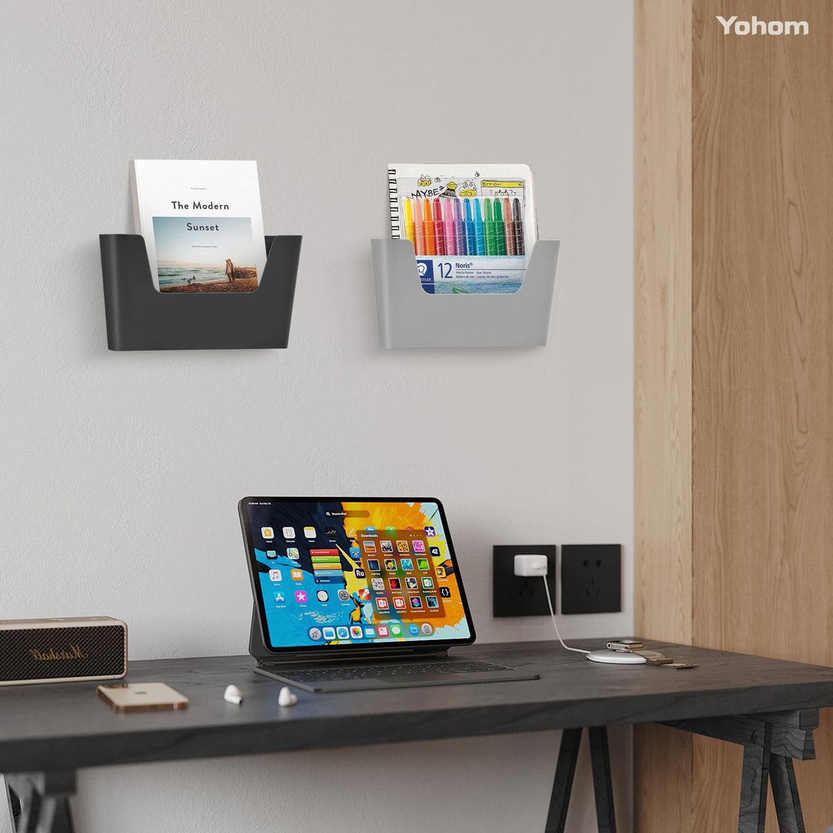 YOHOM Adhesive File Holder Plastic Document Folder Door No Drilling Mount Mail Magazine Organizer