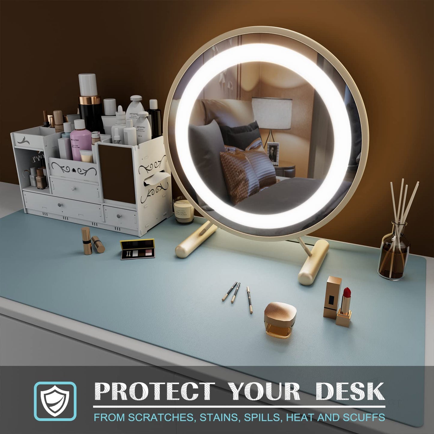 K KNODEL Extra Large Desk Mat, Leather Mouse Pad (35.4"x17", Light Blue)