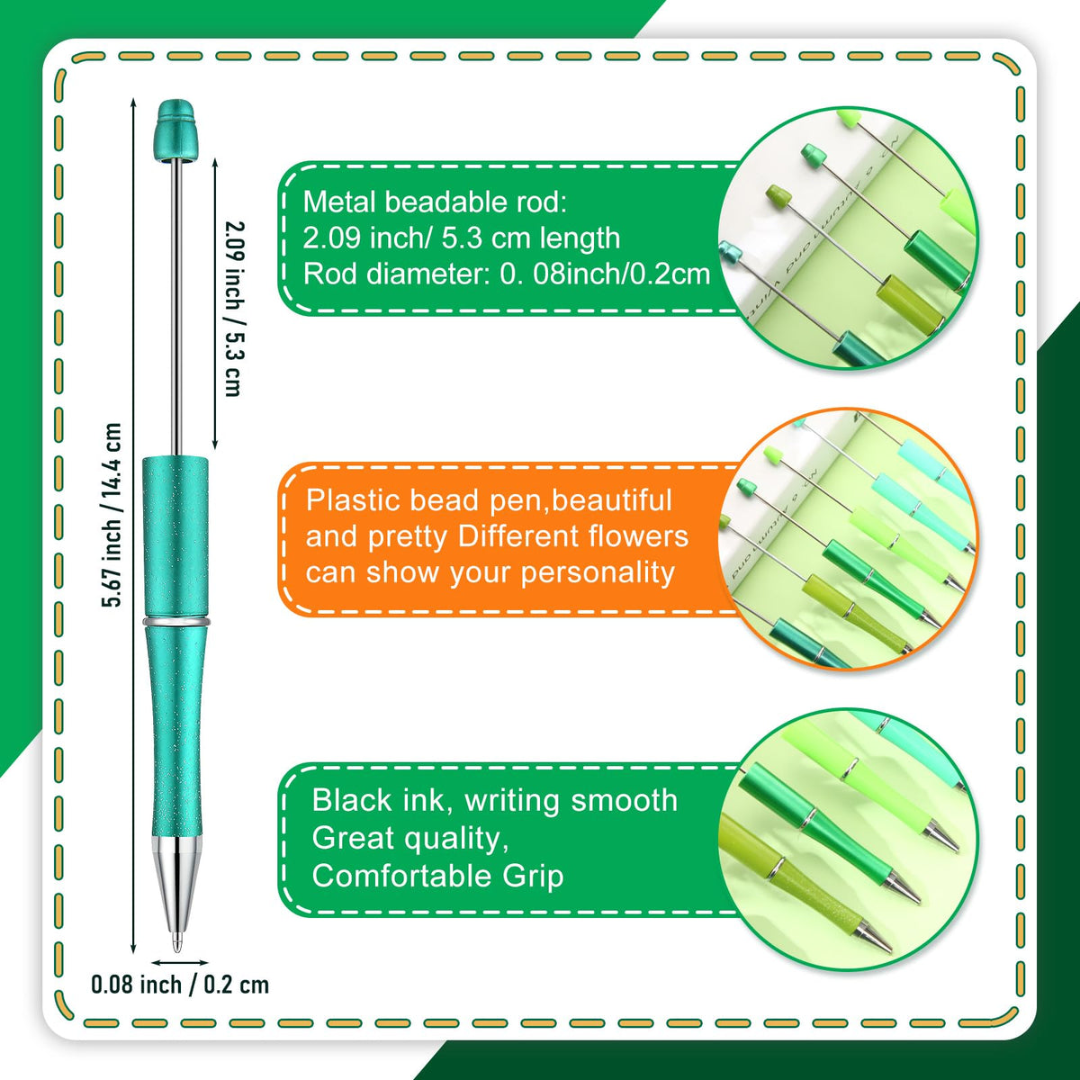 Kosiz 60 Pieces Beadable Pens Bulk Black Ink Pens,Green Series,Classic